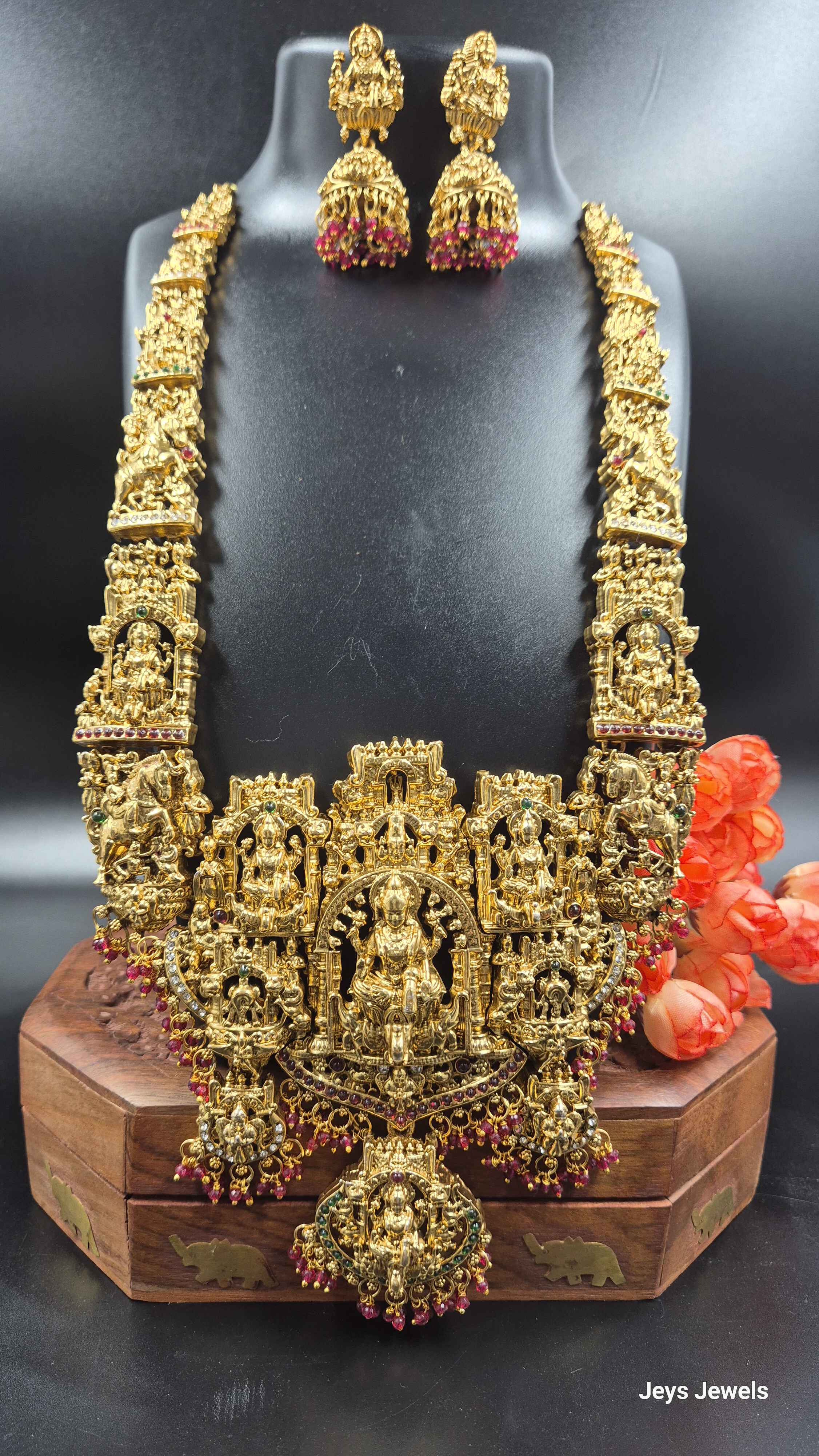 Grand Lakshmi Temple haram Set  with maroon beads| Traditional Bridal Jewellery