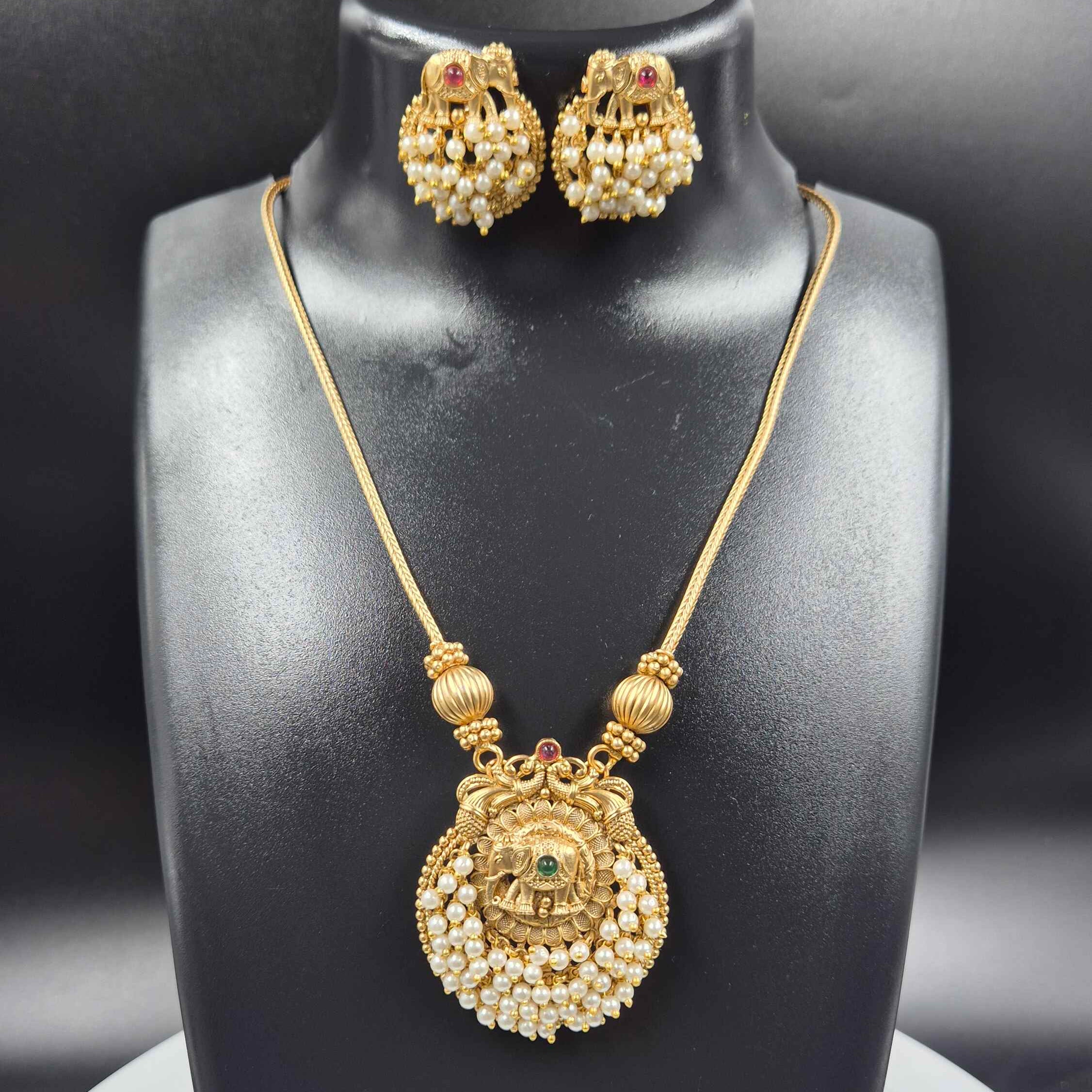 Elephant Motif Pearl Necklace Set | Gold Finish