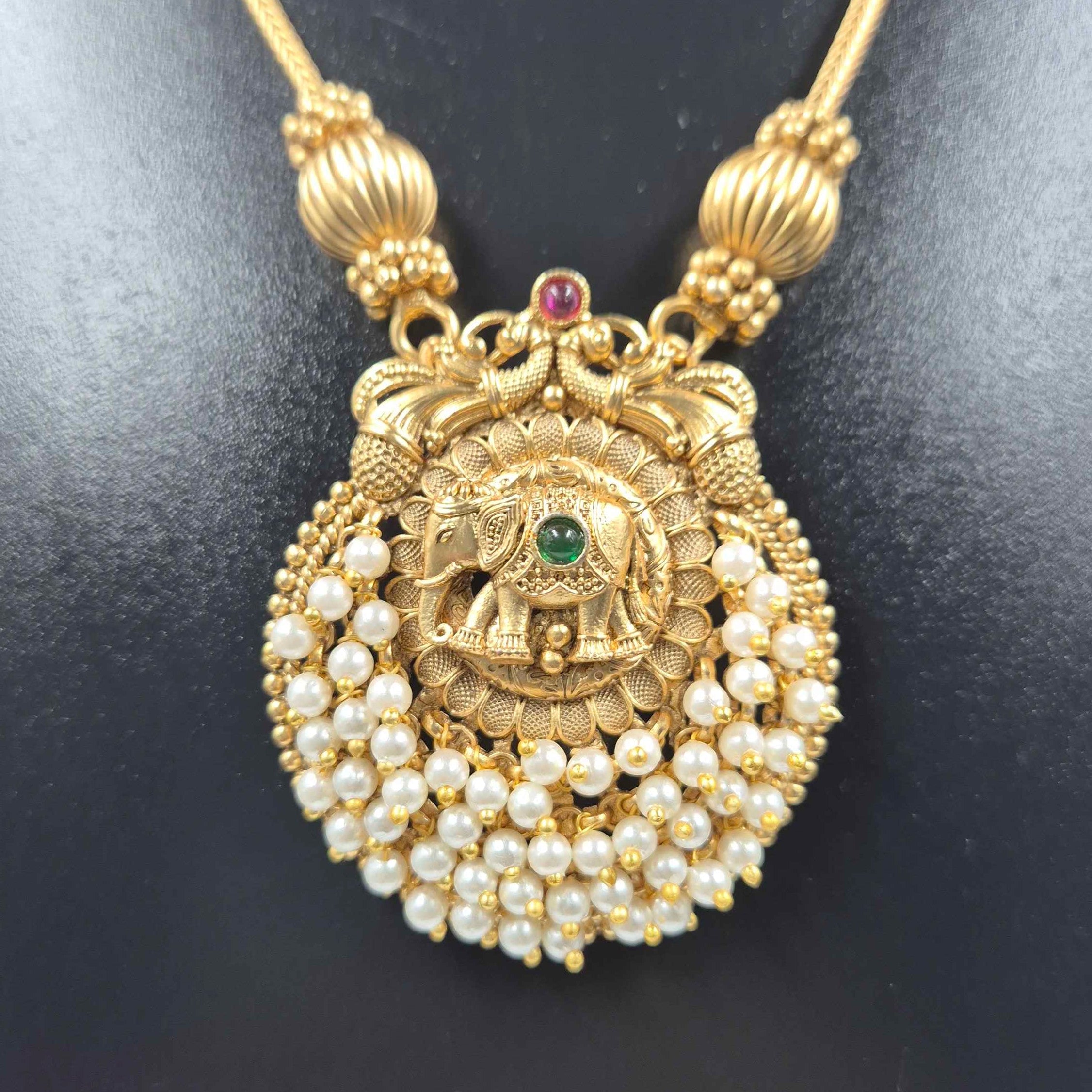 Elephant Motif Pearl Necklace Set | Gold Finish