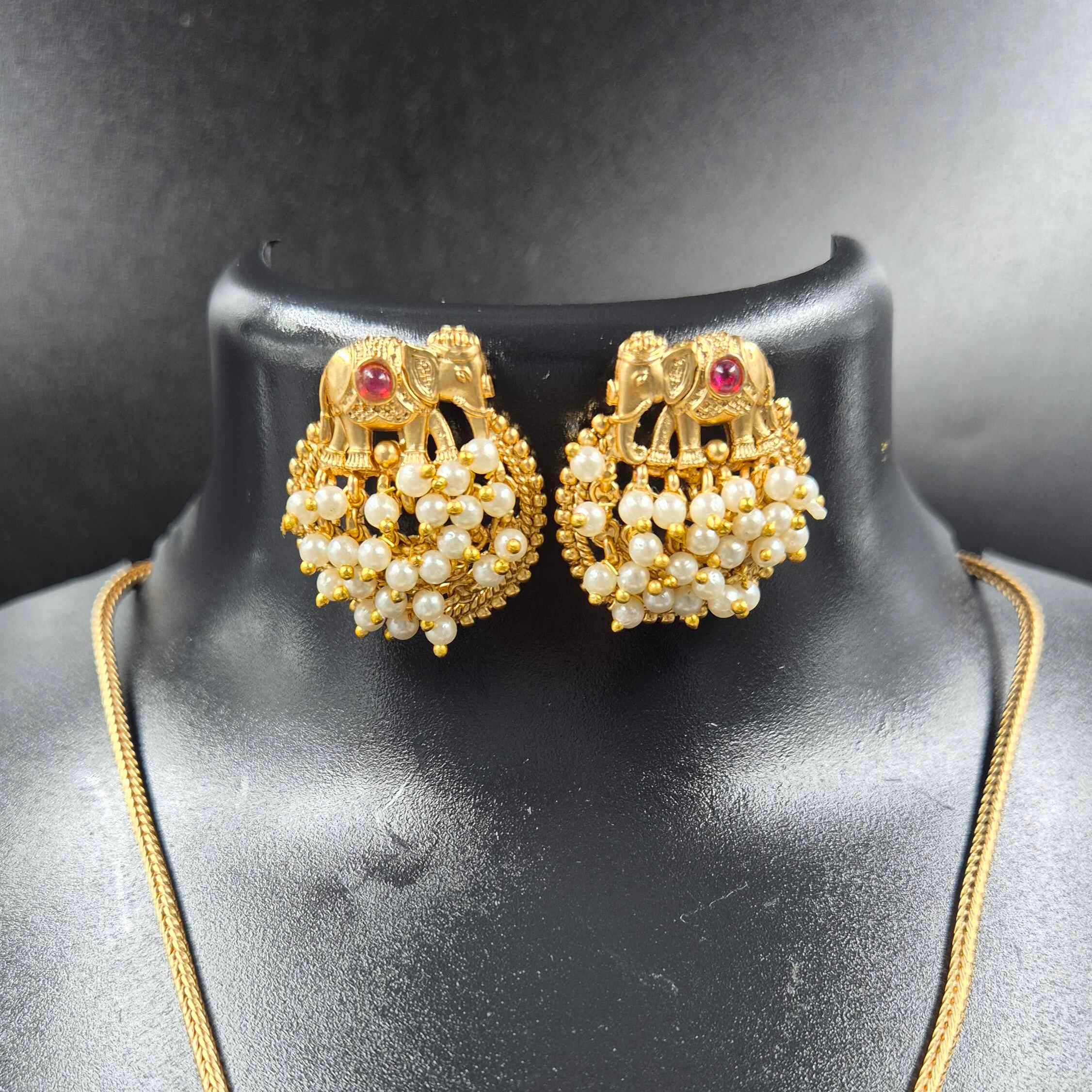 Elephant Motif Pearl Necklace Set | Gold Finish