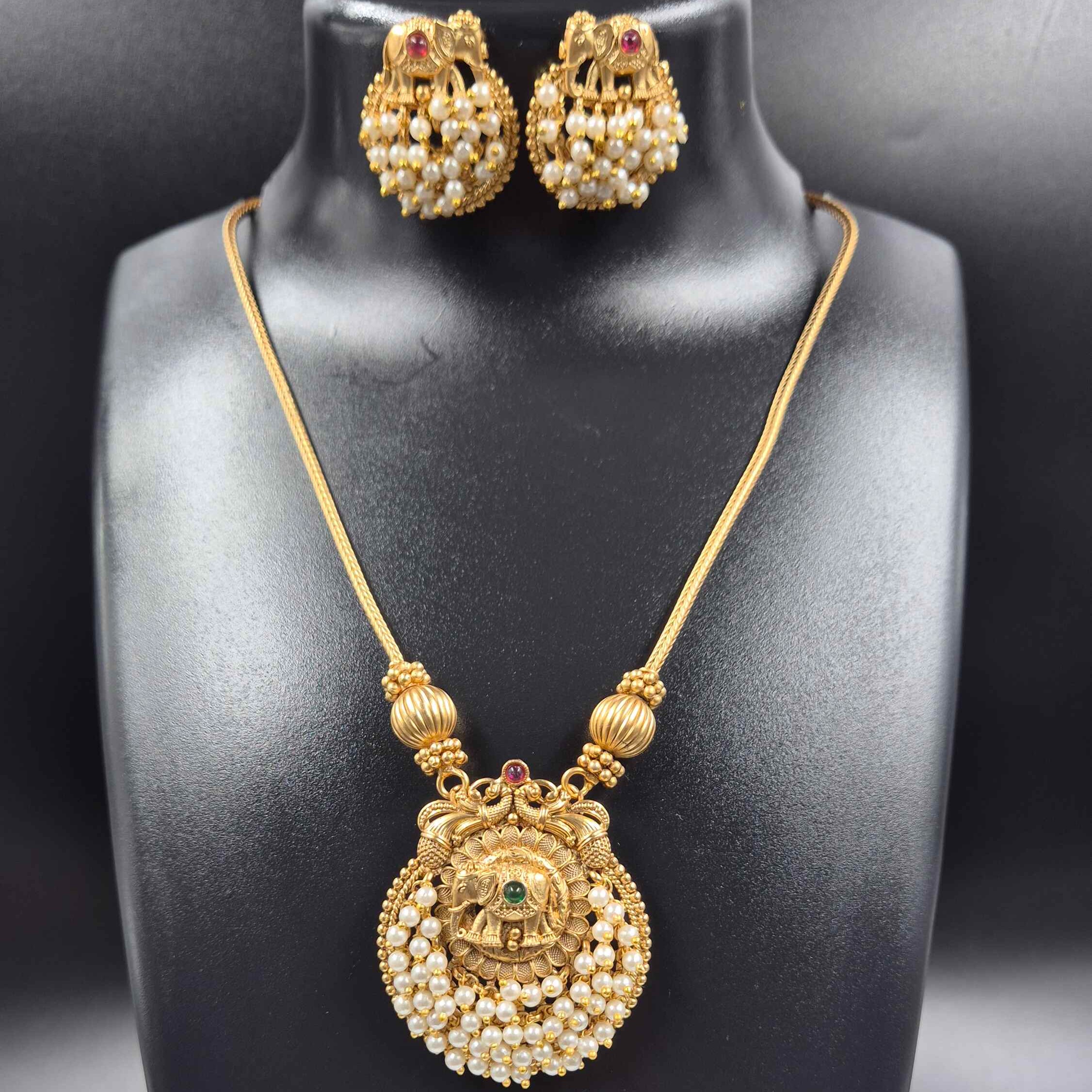 Elephant Motif Pearl Necklace Set | Gold Finish