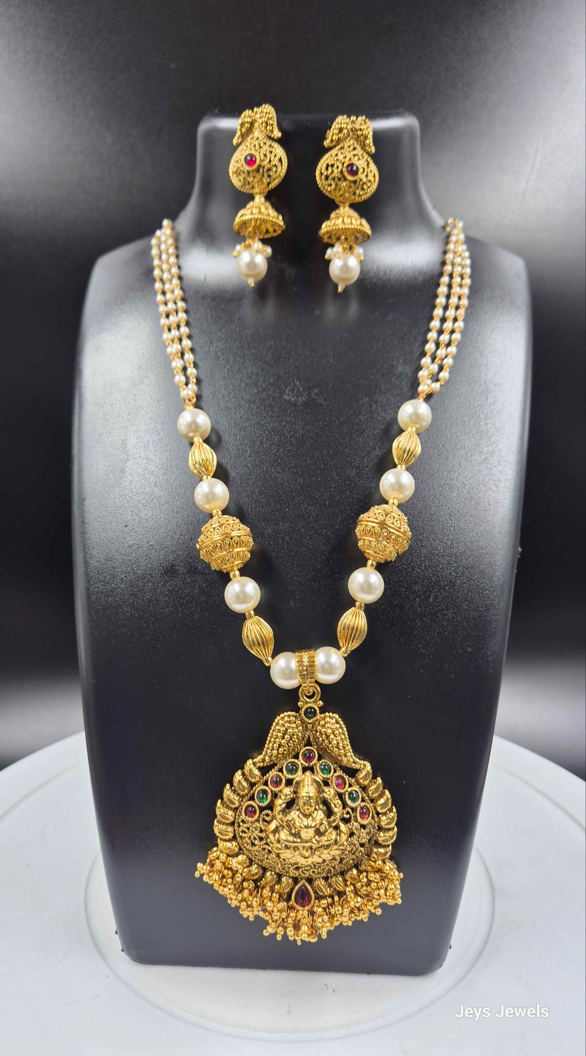 Goddess Lakshmi Pearl Long Necklace Set | Temple Jewellery