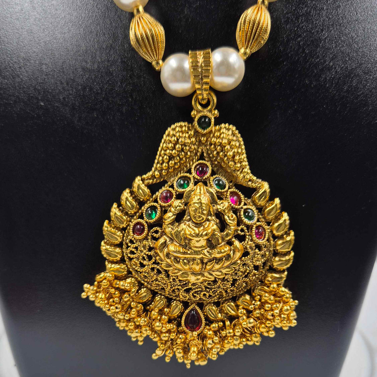 Goddess Lakshmi Pearl Long Necklace Set | Temple Jewellery