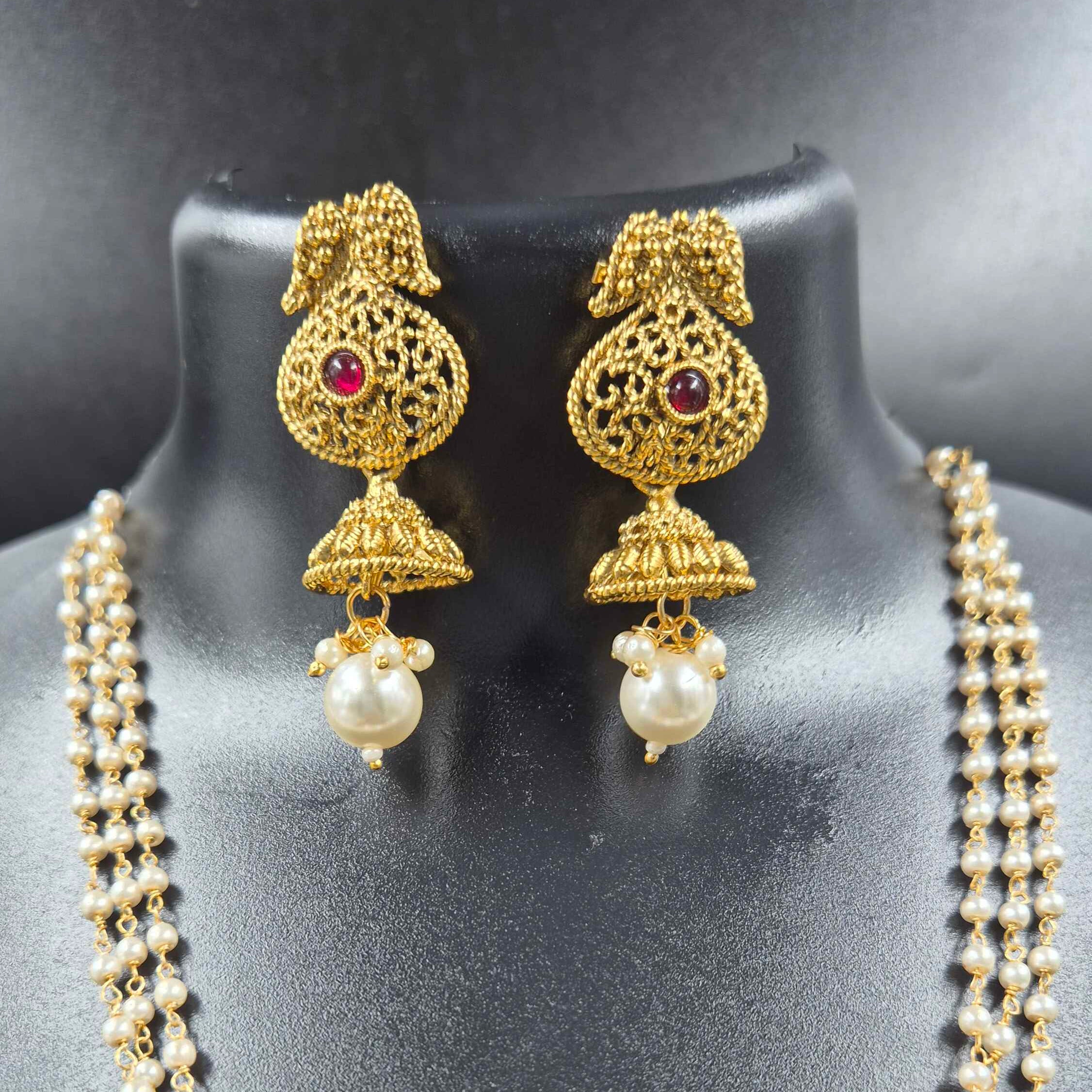 Goddess Lakshmi Pearl Long Necklace Set | Temple Jewellery
