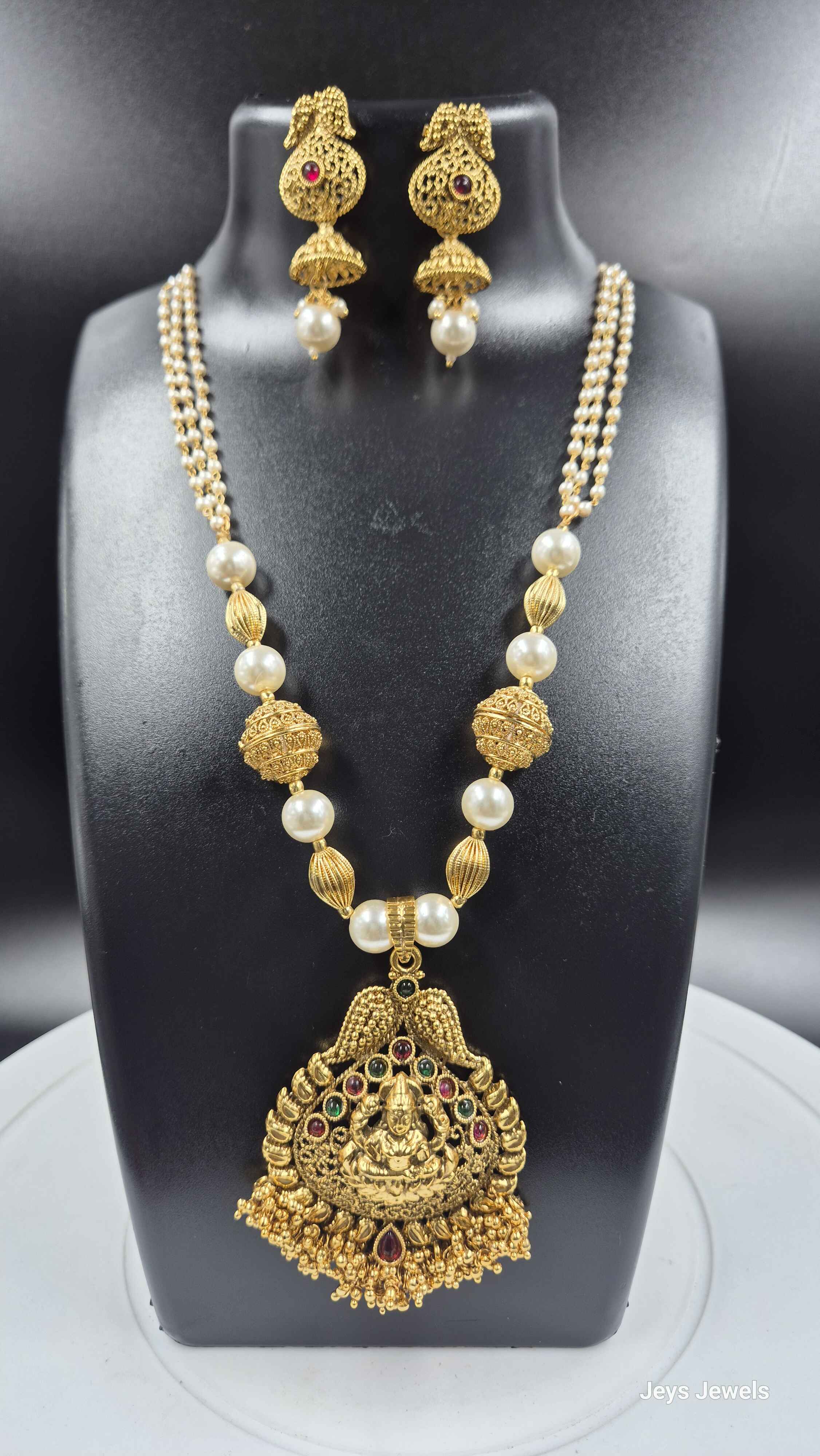 Goddess Lakshmi Pearl Long Necklace Set | Temple Jewellery