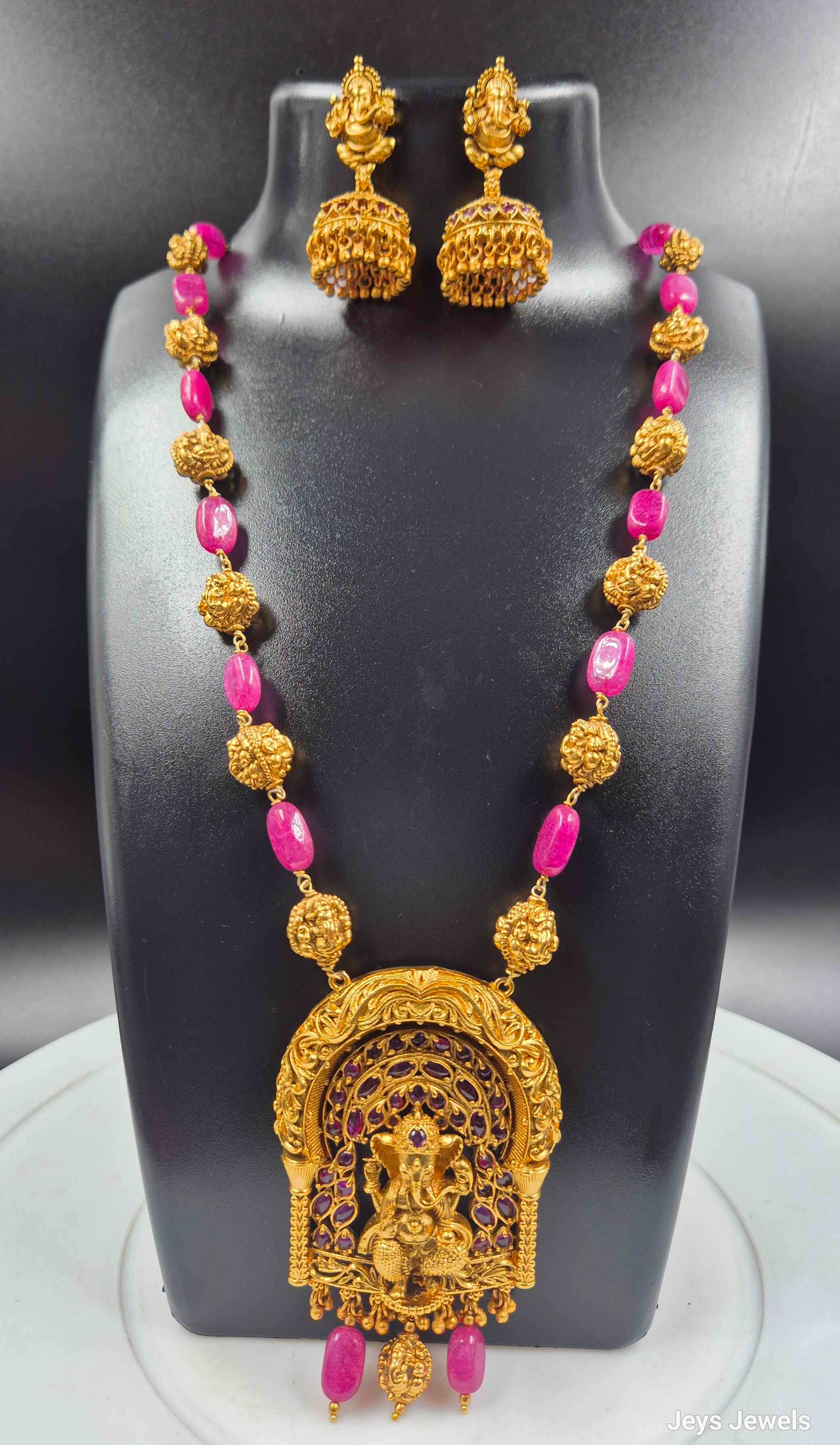Premium Ganesha Temple Necklace with Pink Beads | Traditional Jewellery Set