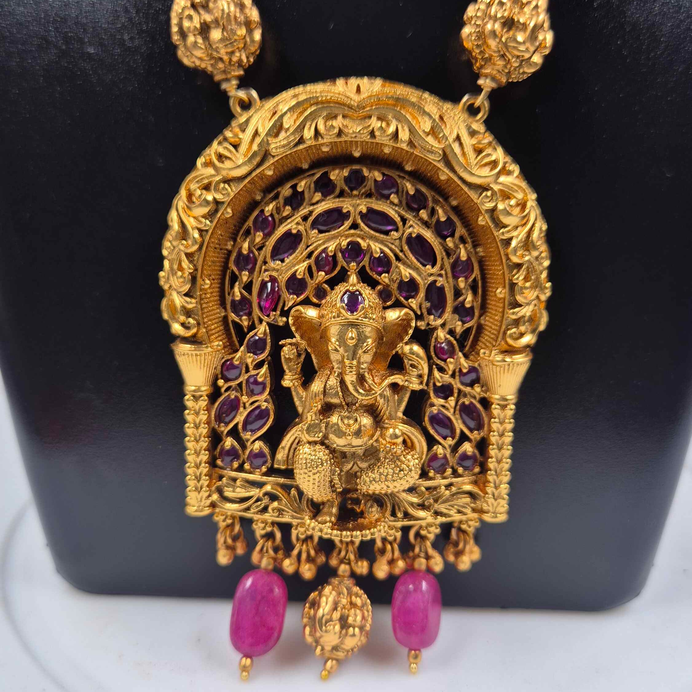 Premium Ganesha Temple Necklace with Pink Beads | Traditional Jewellery Set