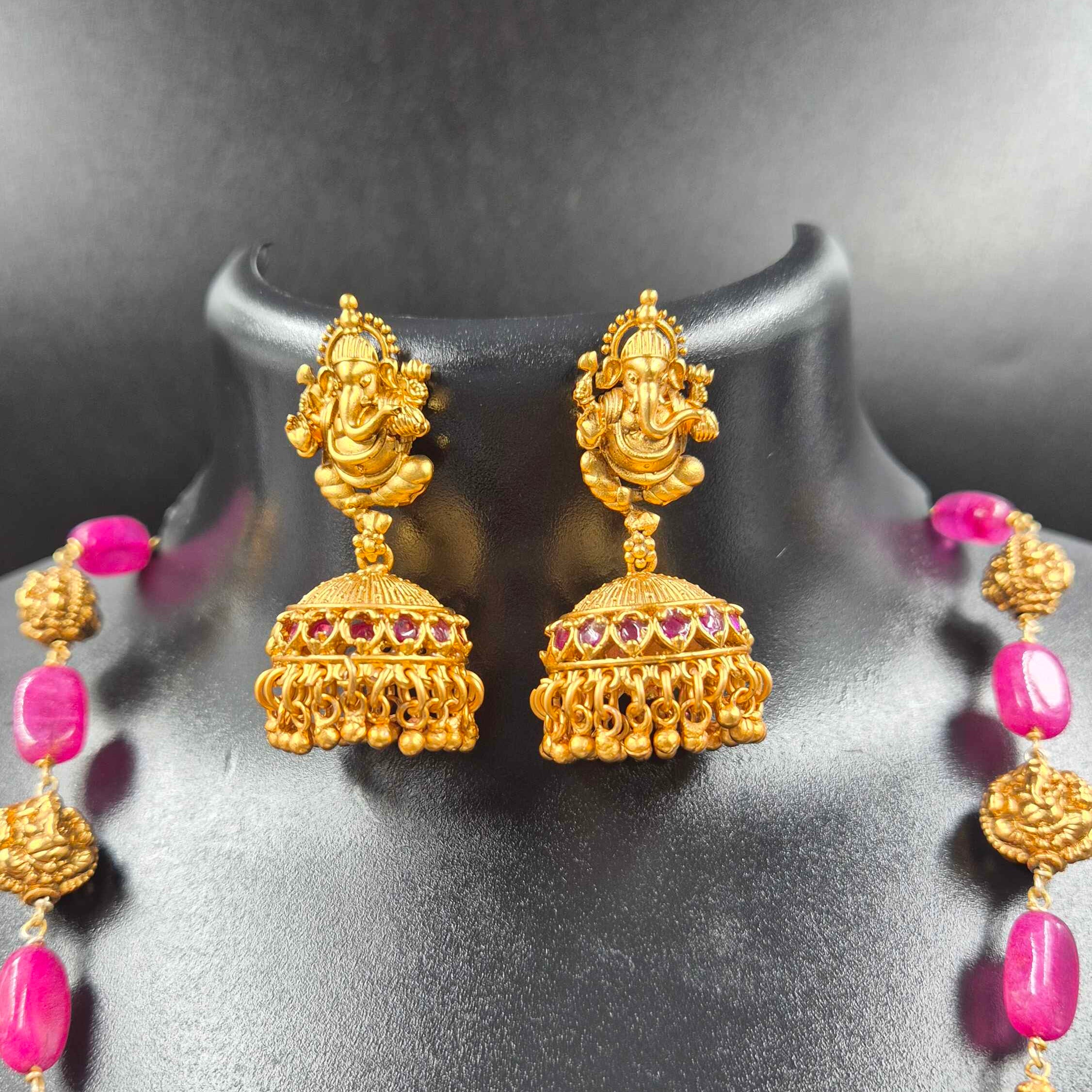 Premium Ganesha Temple Necklace with Pink Beads | Traditional Jewellery Set