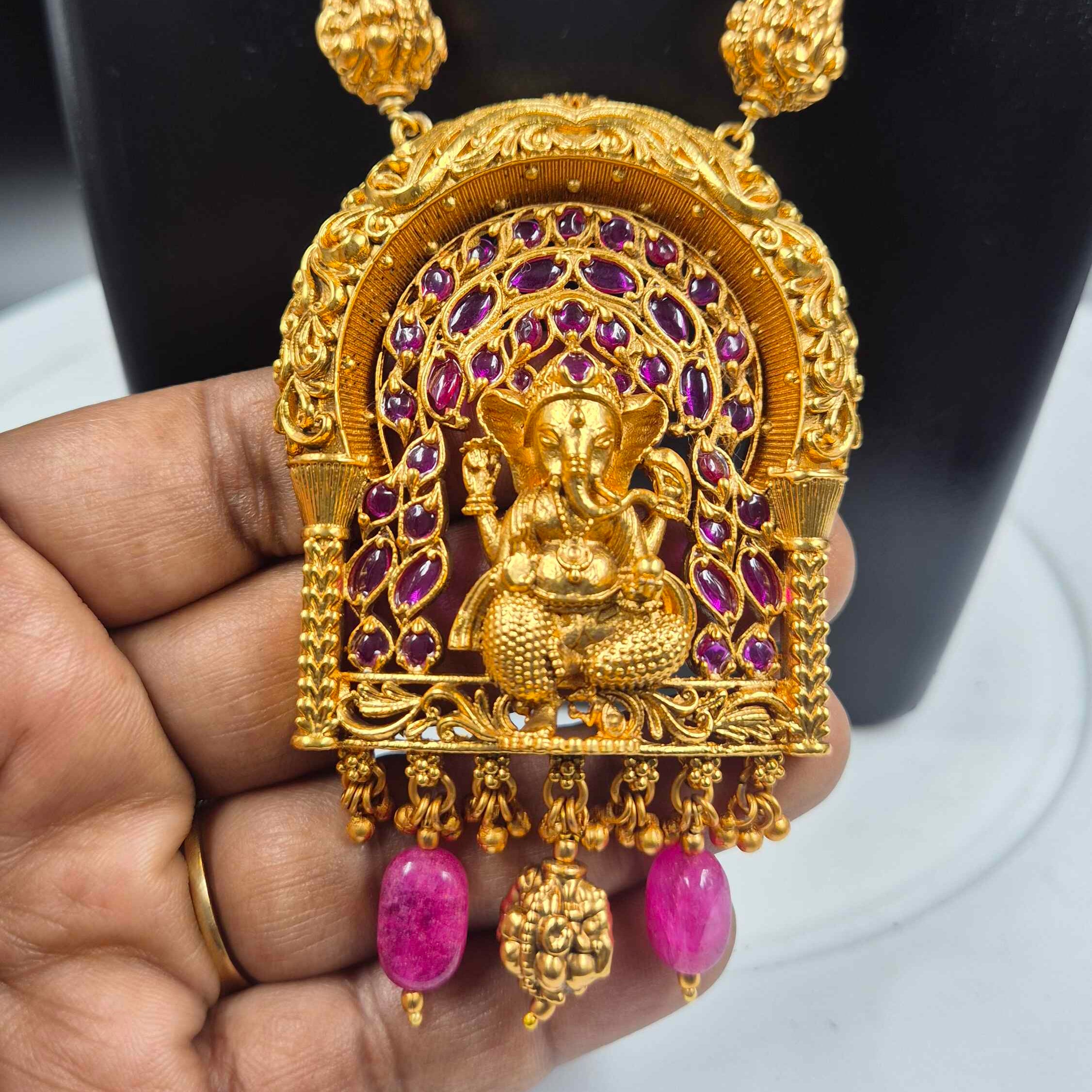 Premium Ganesha Temple Necklace with Pink Beads | Traditional Jewellery Set