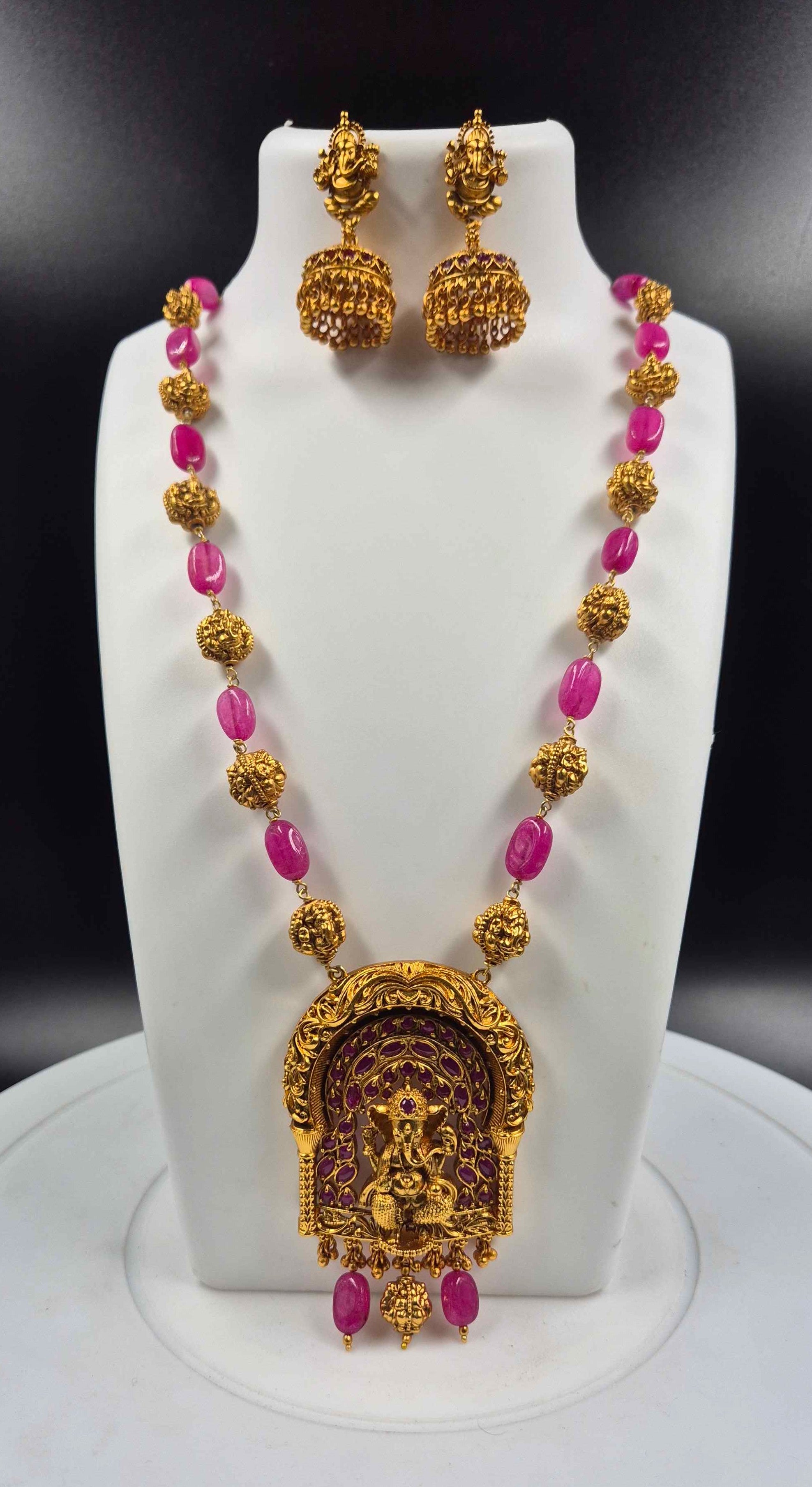 Premium Ganesha Temple Necklace with Pink Beads | Traditional Jewellery Set