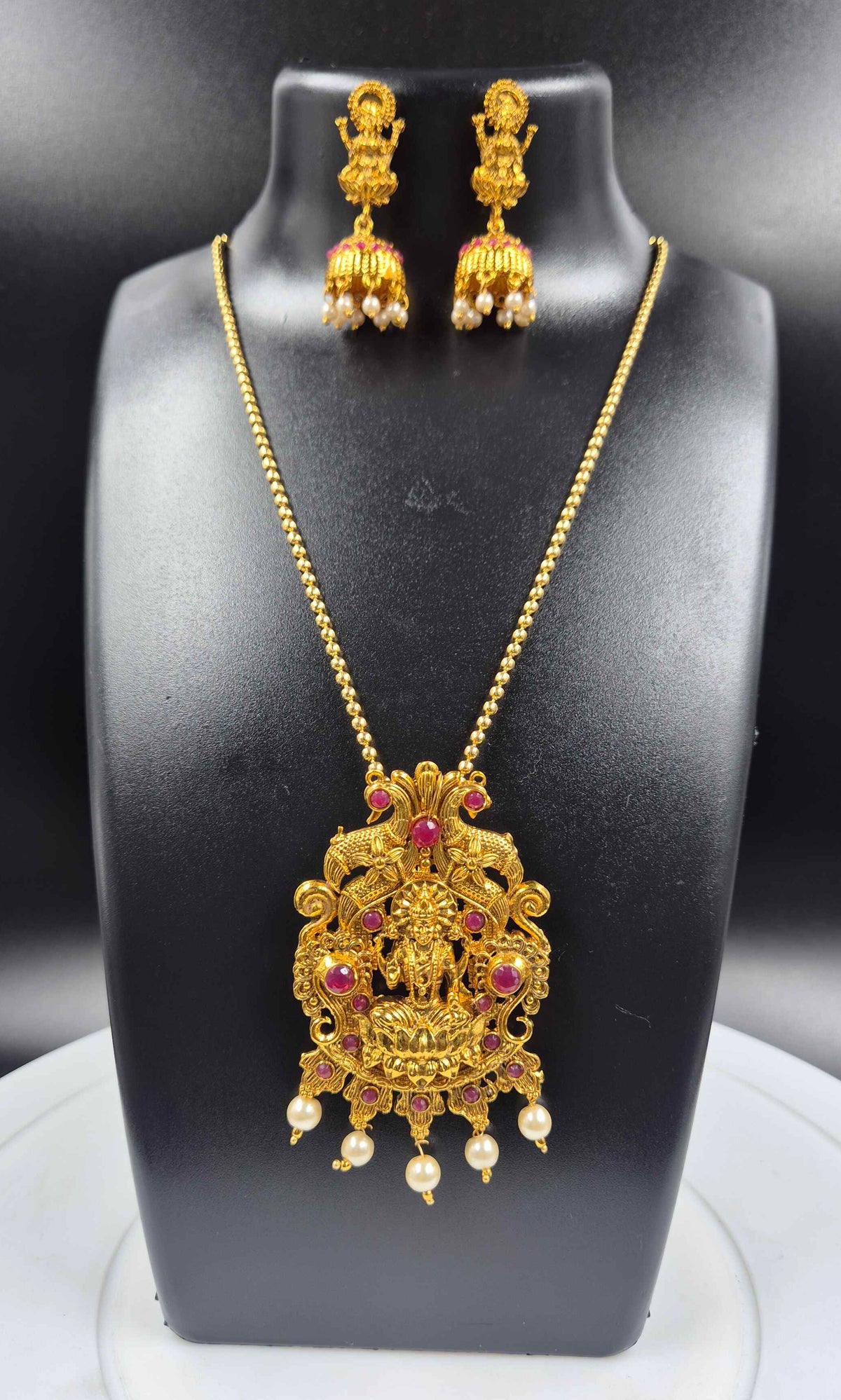 Goddess Lakshmi Ruby Pendant Necklace Set | Temple Jewellery