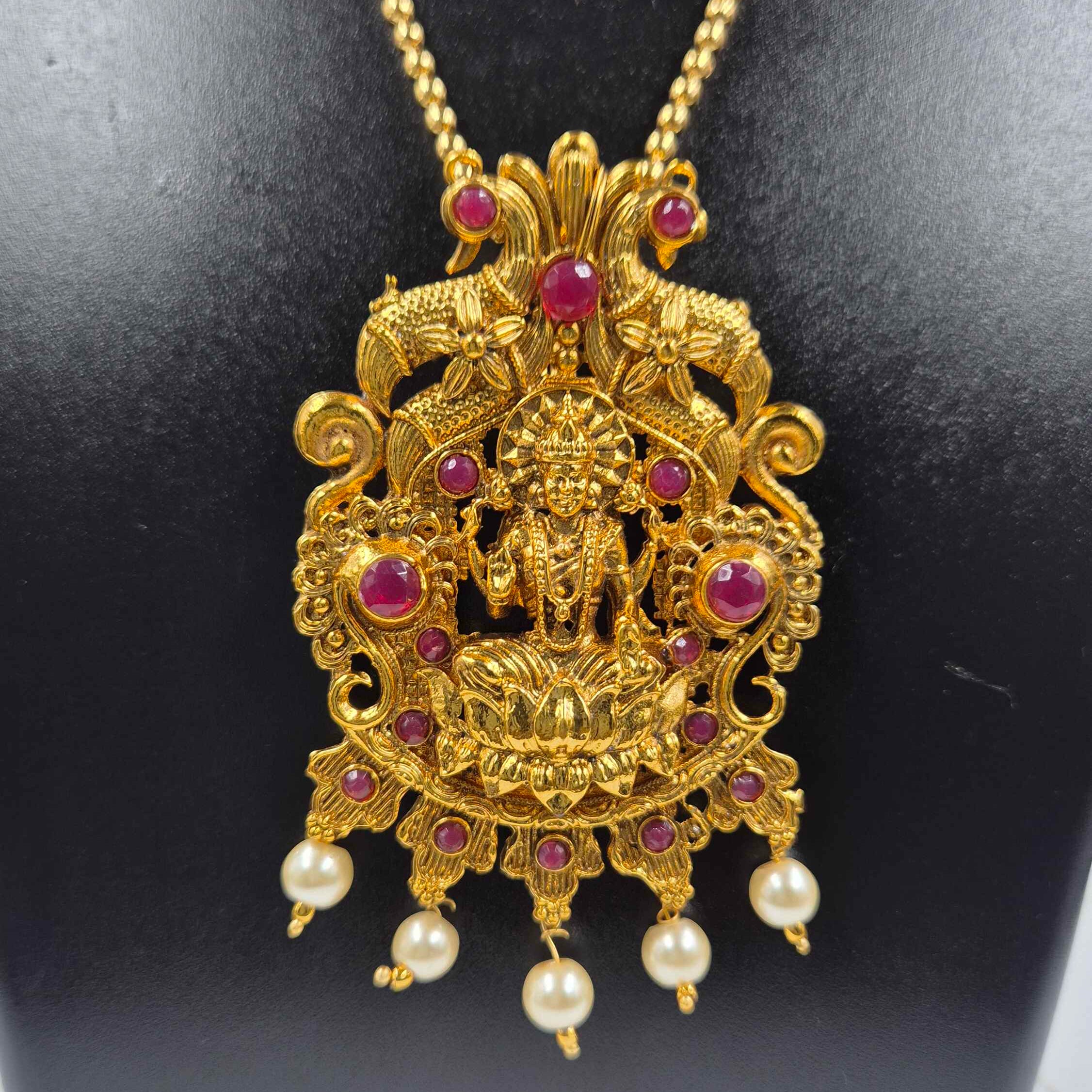 Goddess Lakshmi Ruby Pendant Necklace Set | Temple Jewellery