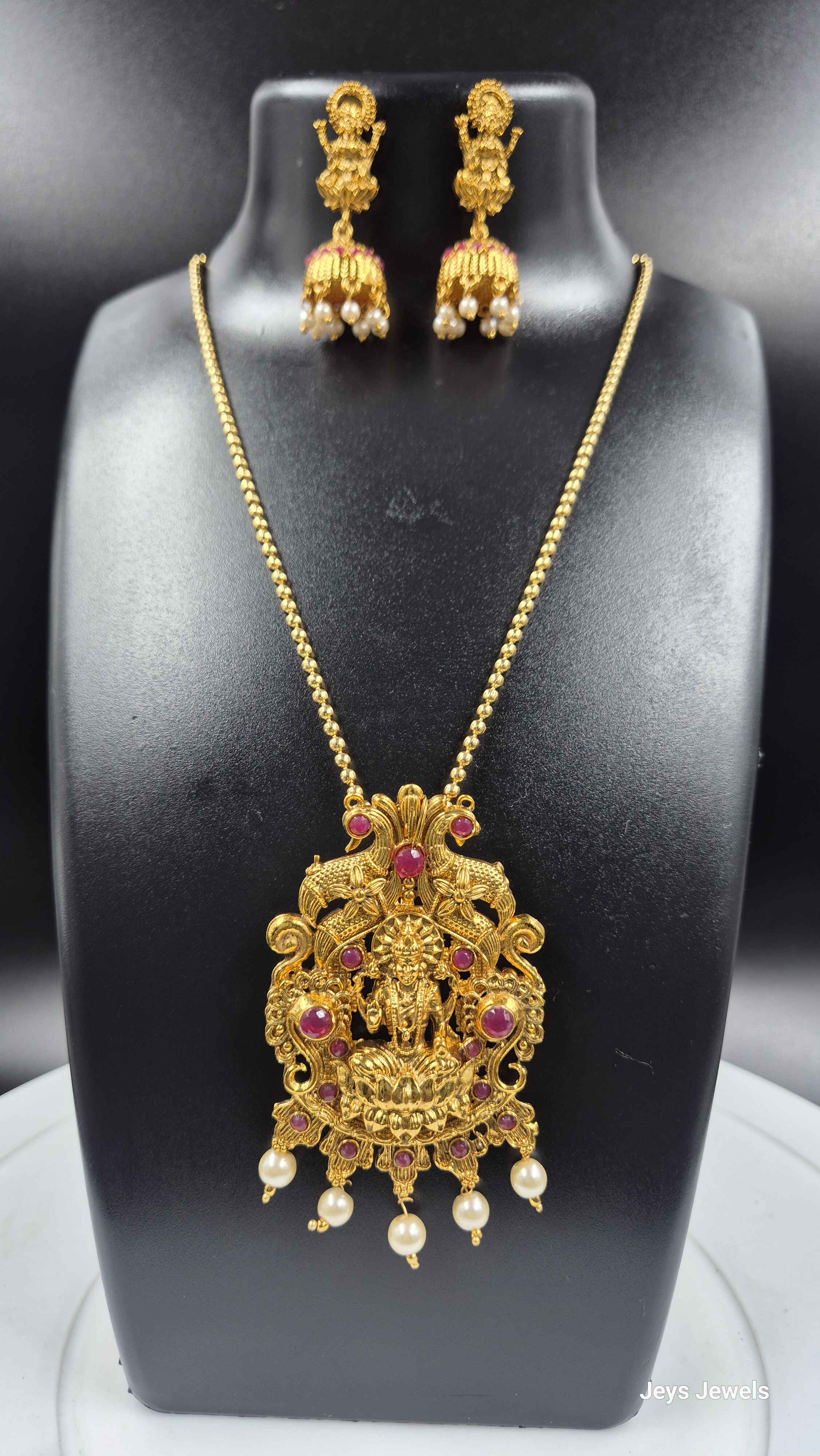 Goddess Lakshmi Ruby Pendant Necklace Set | Temple Jewellery