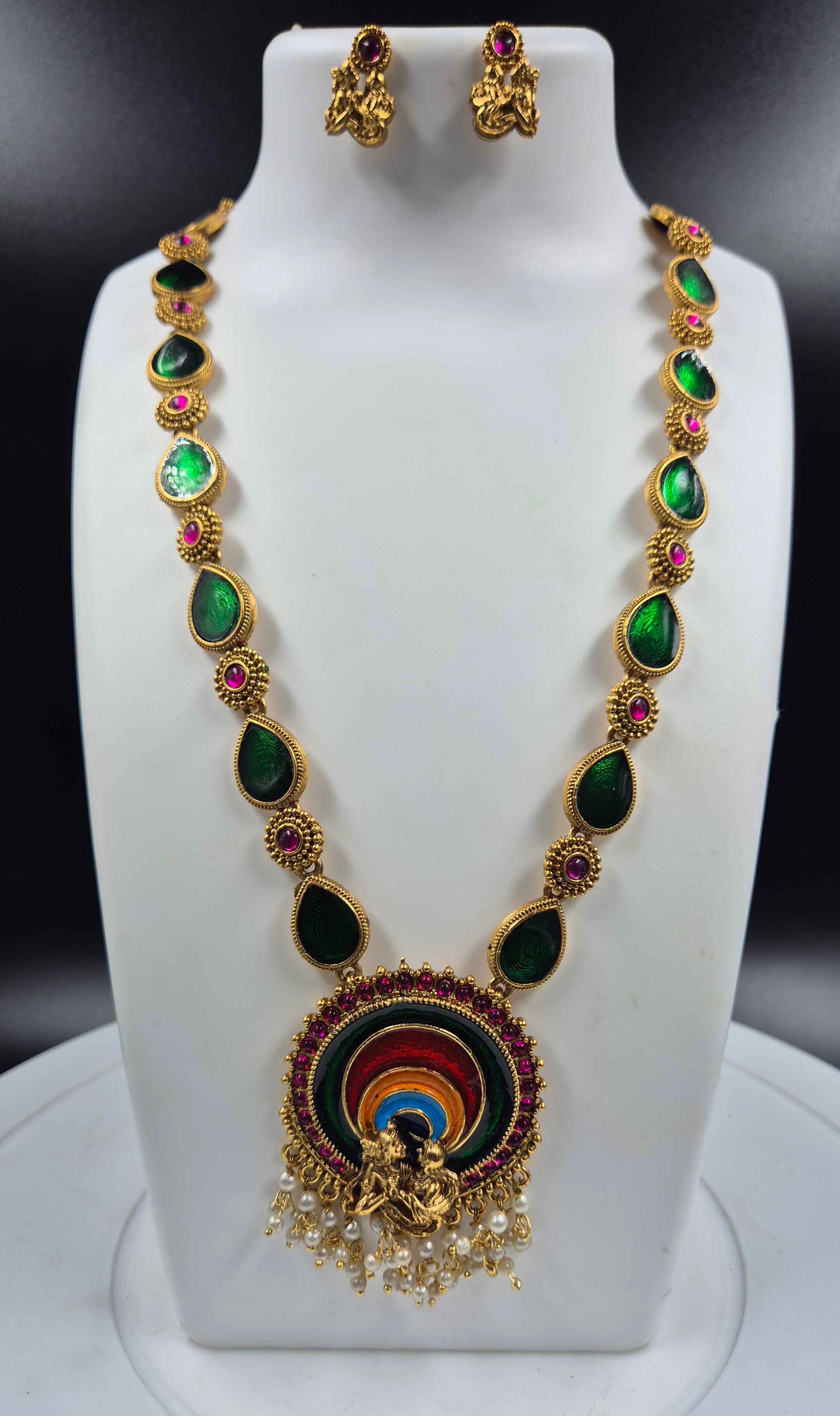 Green Meenakari Radha Krishna Pendant Necklace Set | Multicolor Temple Jewellery