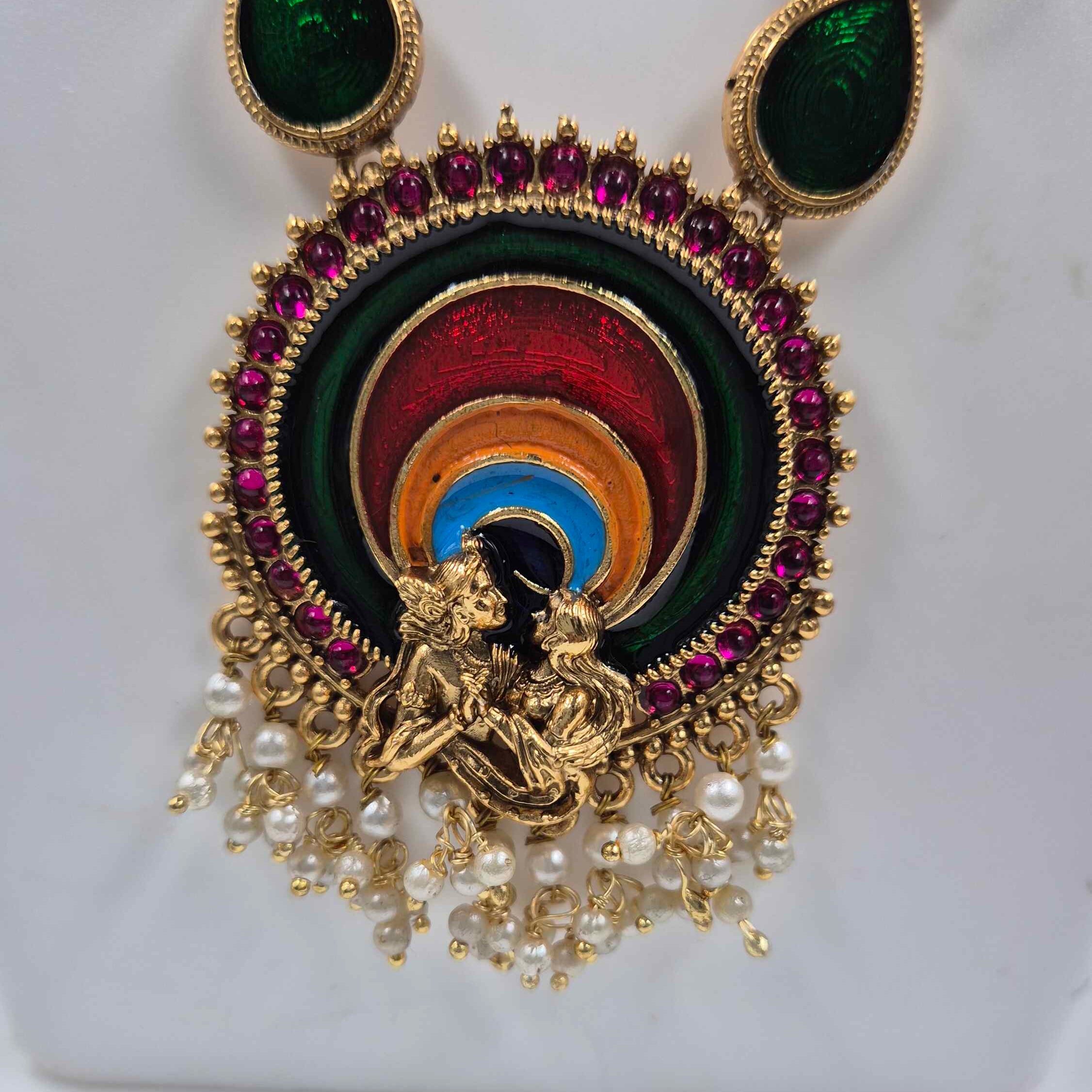 Green Meenakari Radha Krishna Pendant Necklace Set | Multicolor Temple Jewellery