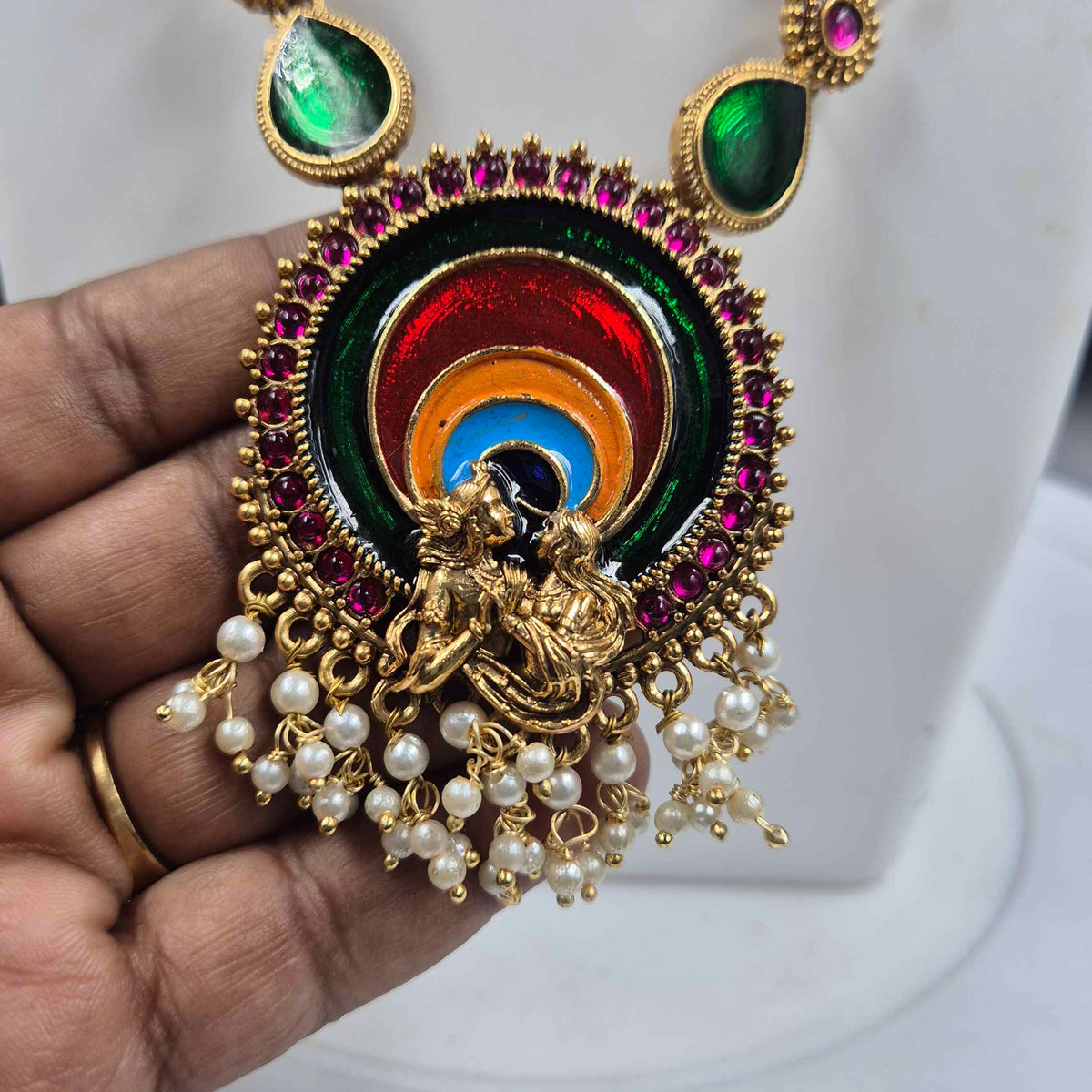 Green Meenakari Radha Krishna Pendant Necklace Set | Multicolor Temple Jewellery
