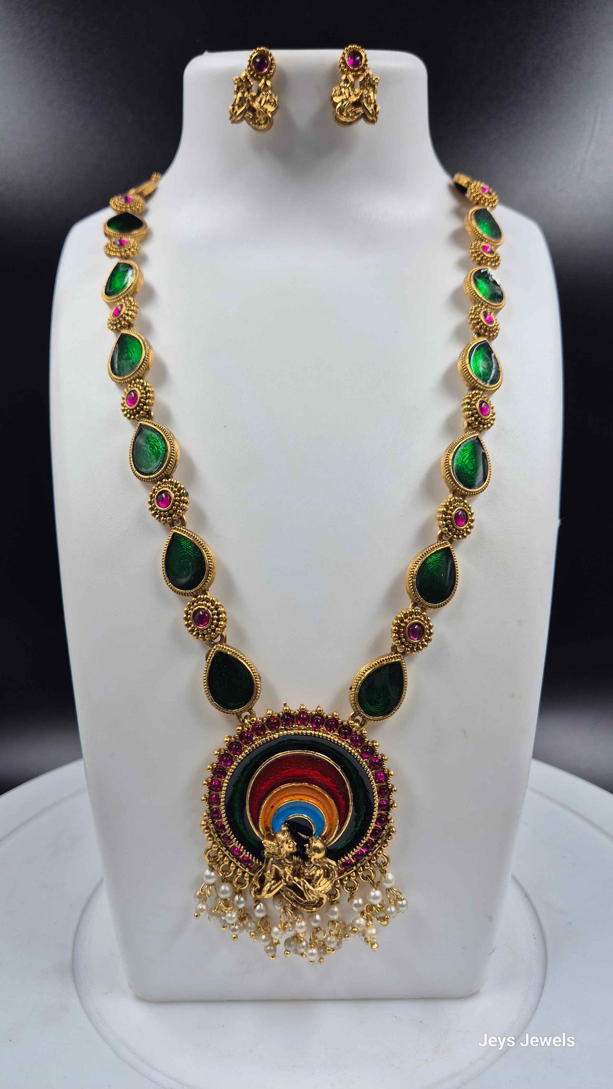 Green Meenakari Radha Krishna Pendant Necklace Set | Multicolor Temple Jewellery