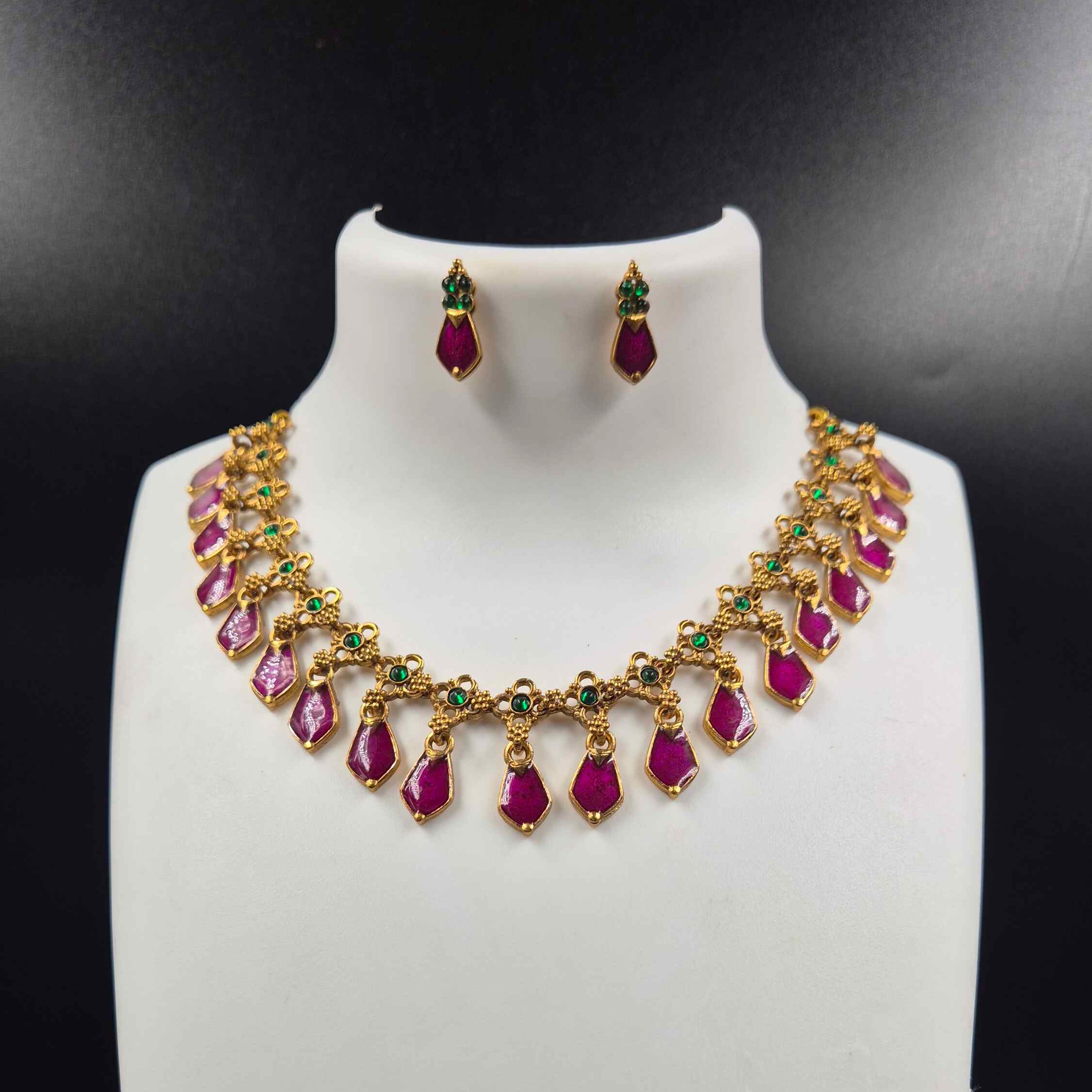 Purple Palakka Necklace Set with Green Stones | Kerala Jewellery