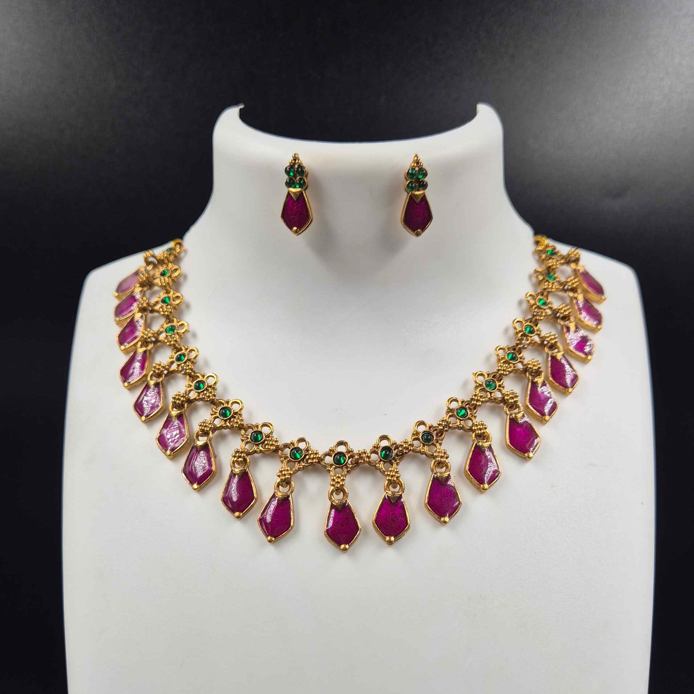 Purple Palakka Necklace Set with Green Stones | Kerala Jewellery