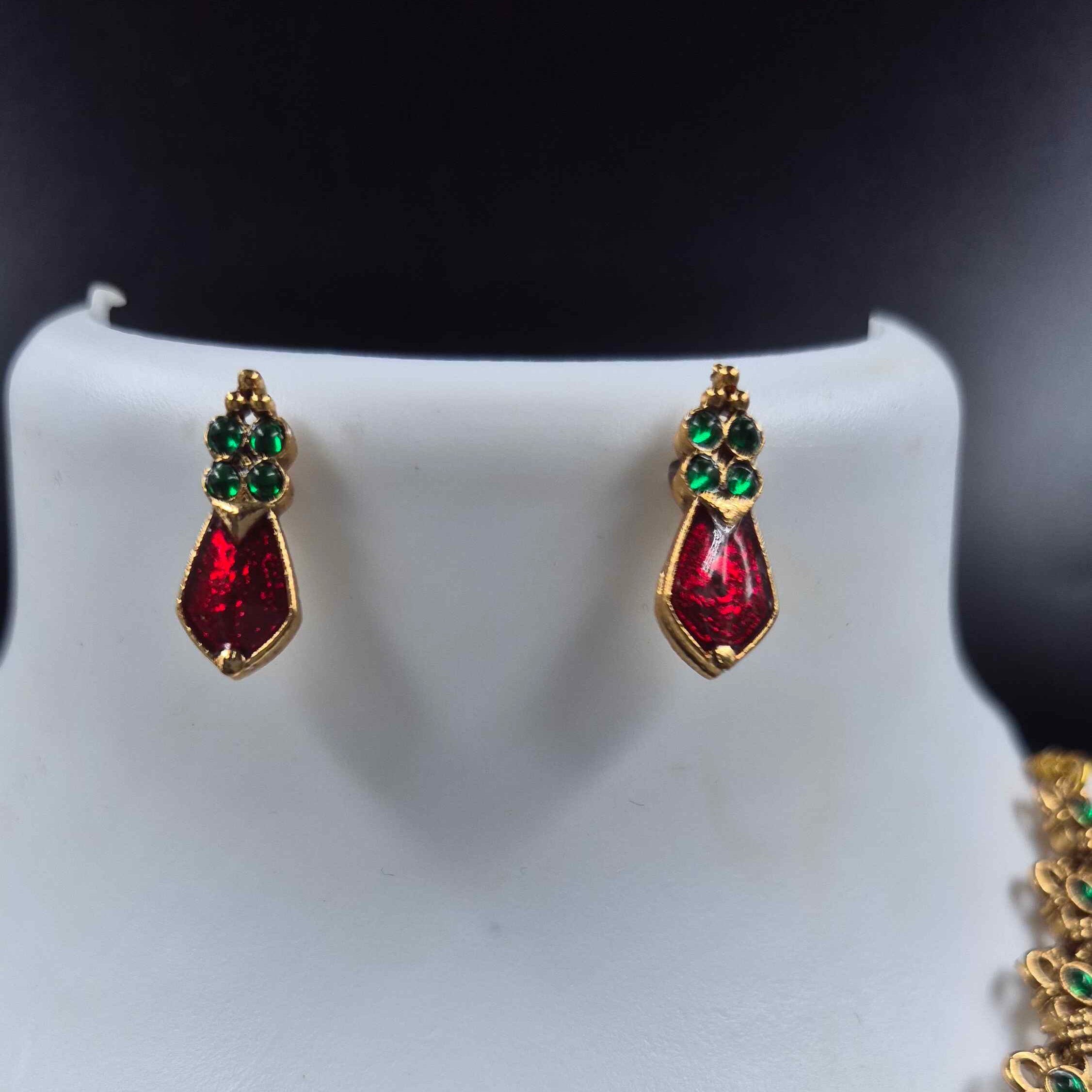 Red Palakka Necklace Set with Green Stones | Kerala Jewellery