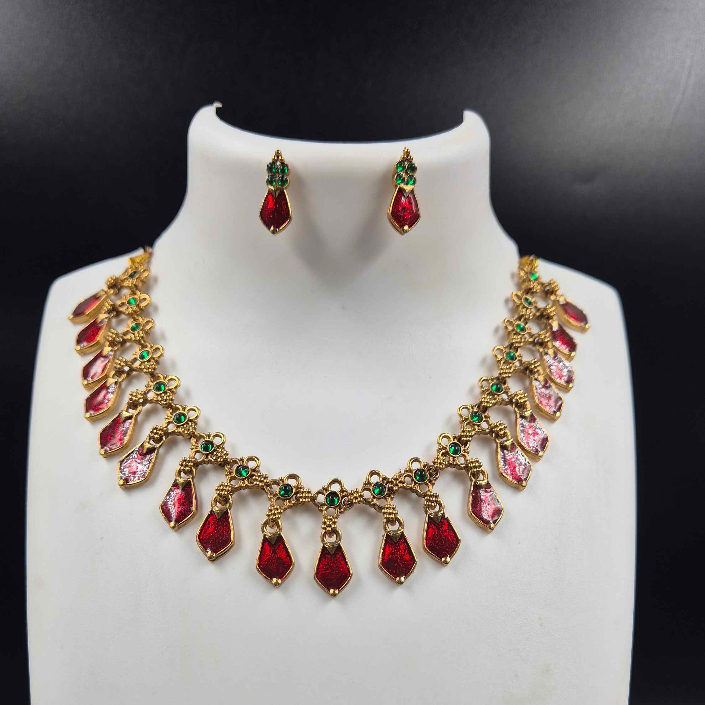 Red Palakka Necklace Set with Green Stones | Kerala Jewellery