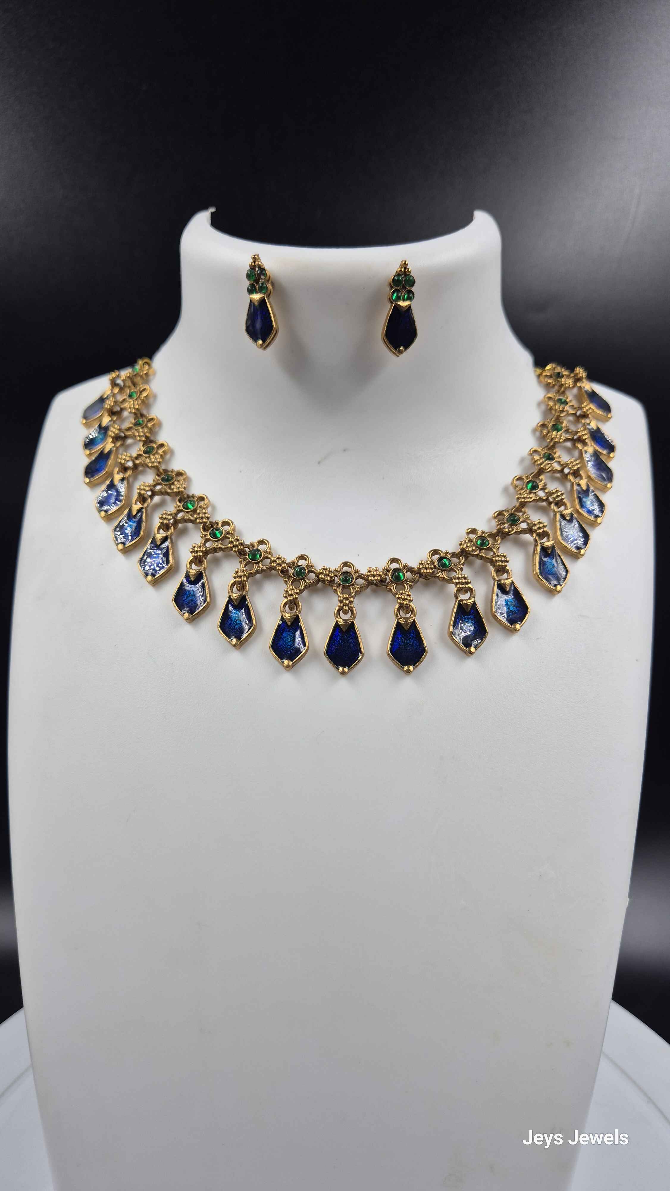 Royal Blue Palakka Necklace Set with Green Accents & Earrings