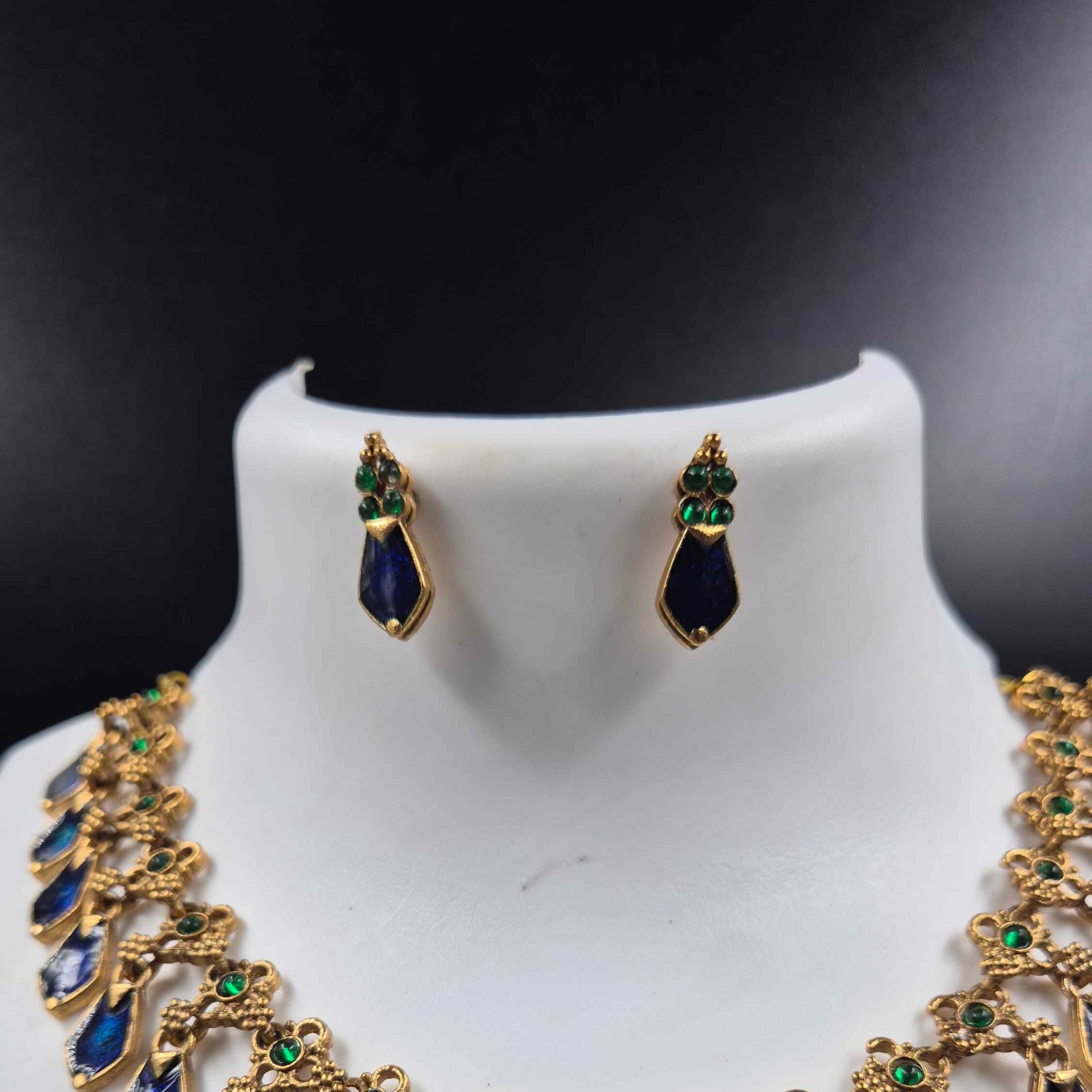 Royal Blue Palakka Necklace Set with Green Accents & Earrings