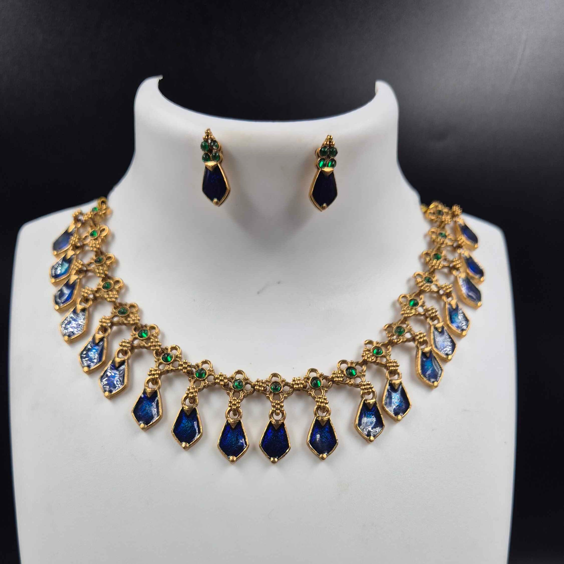 Royal Blue Palakka Necklace Set with Green Accents & Earrings