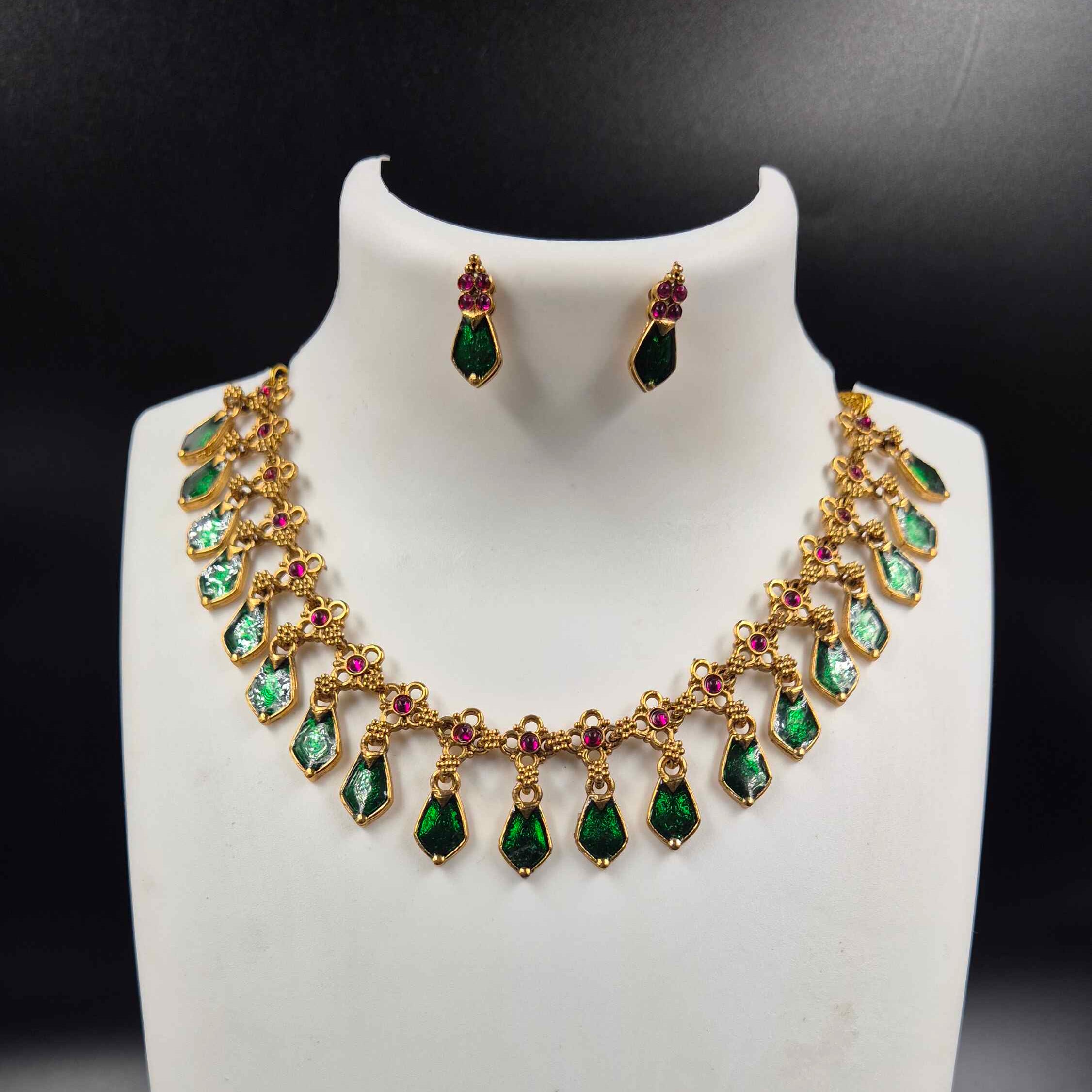 Green Palakka Necklace Set with Pink Stones & Matching Earrings