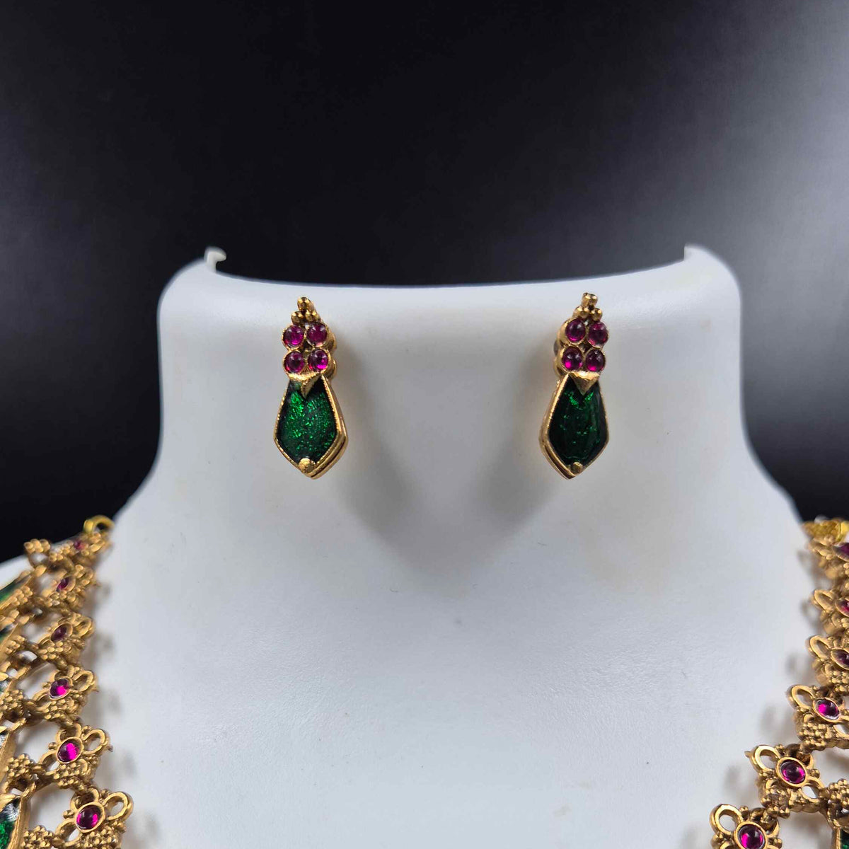 Green Palakka Necklace Set with Pink Stones & Matching Earrings