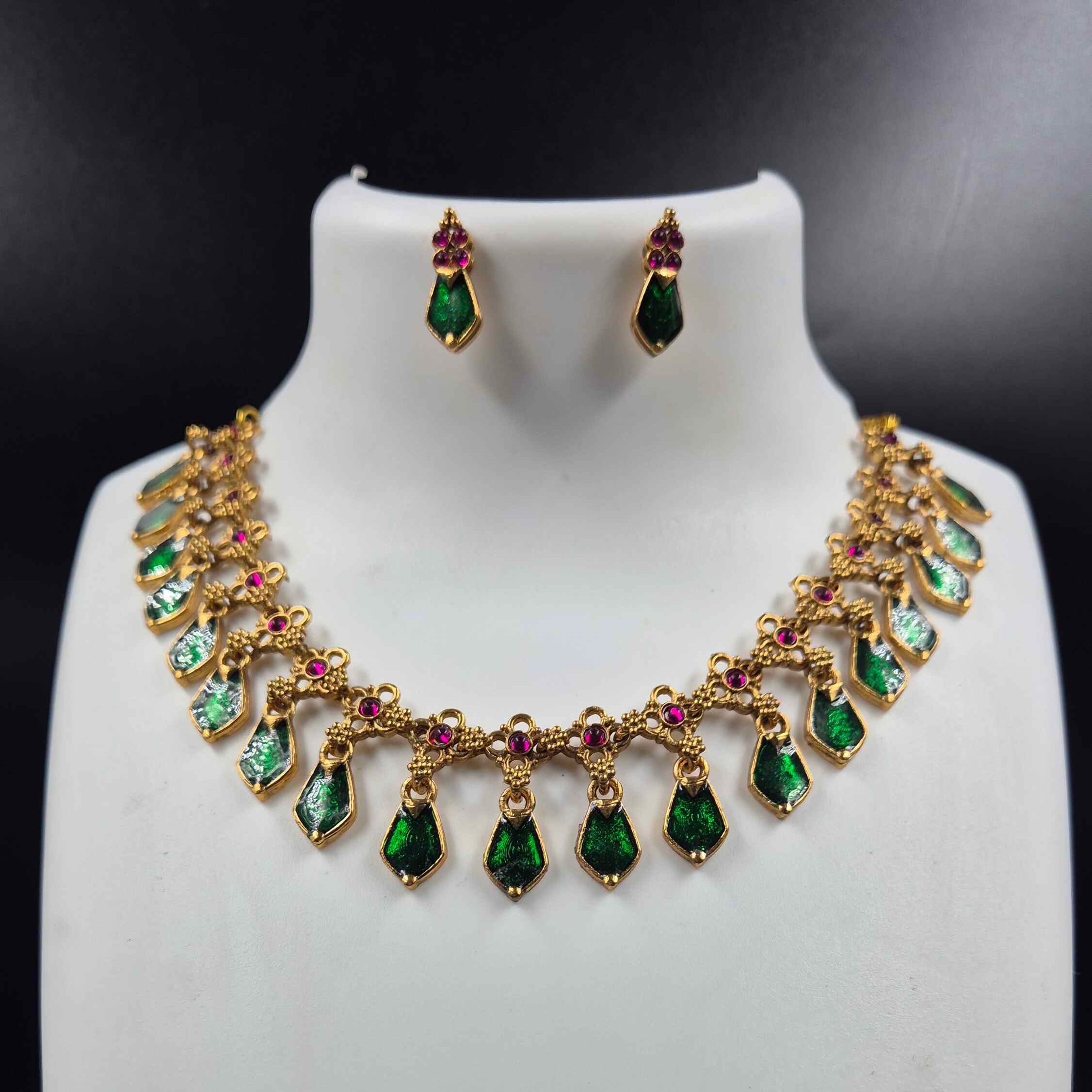 Green Palakka Necklace Set with Pink Stones & Matching Earrings
