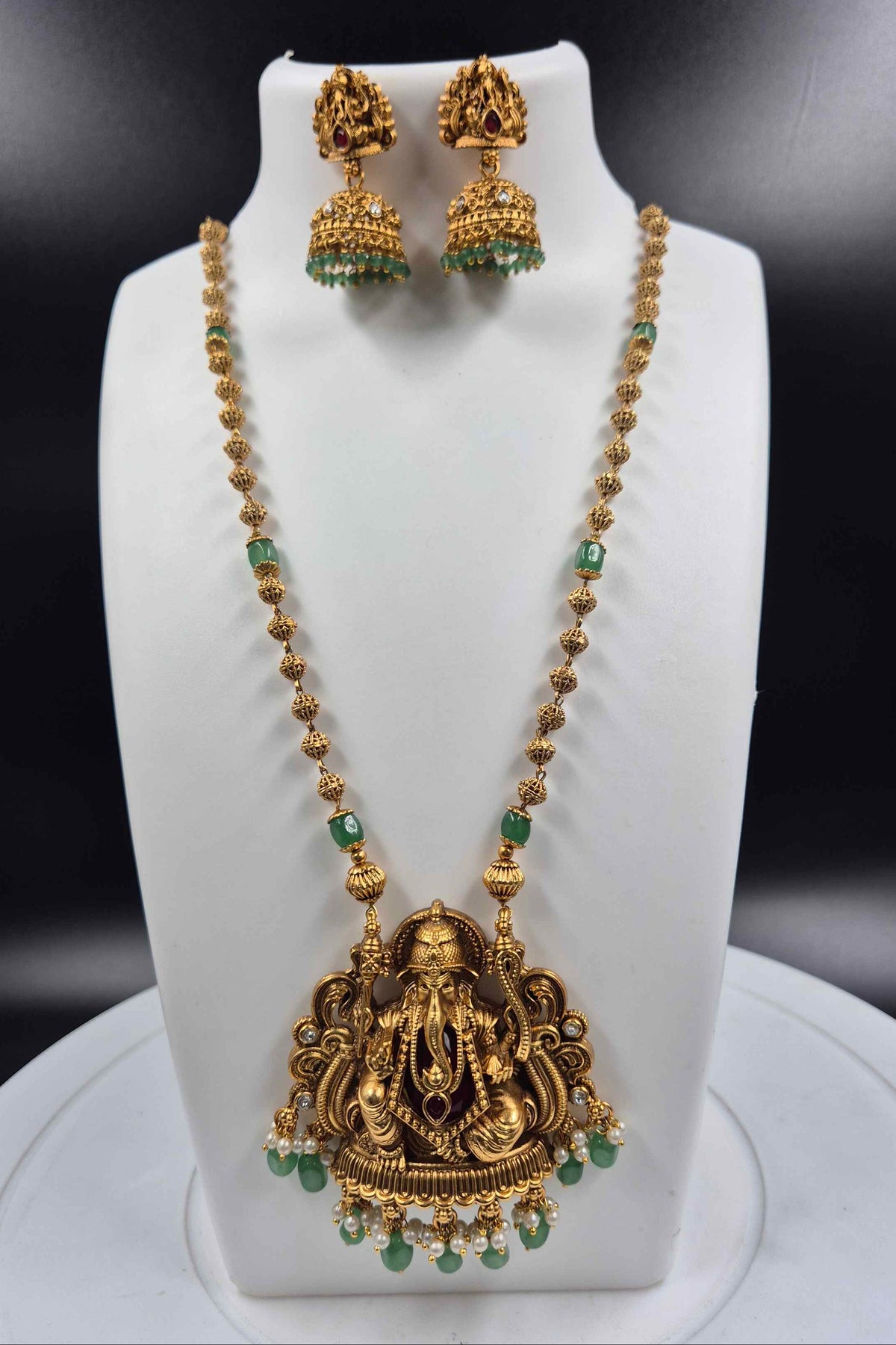 Ganesha Temple Necklace with Green Beads & Matching Jhumka Set