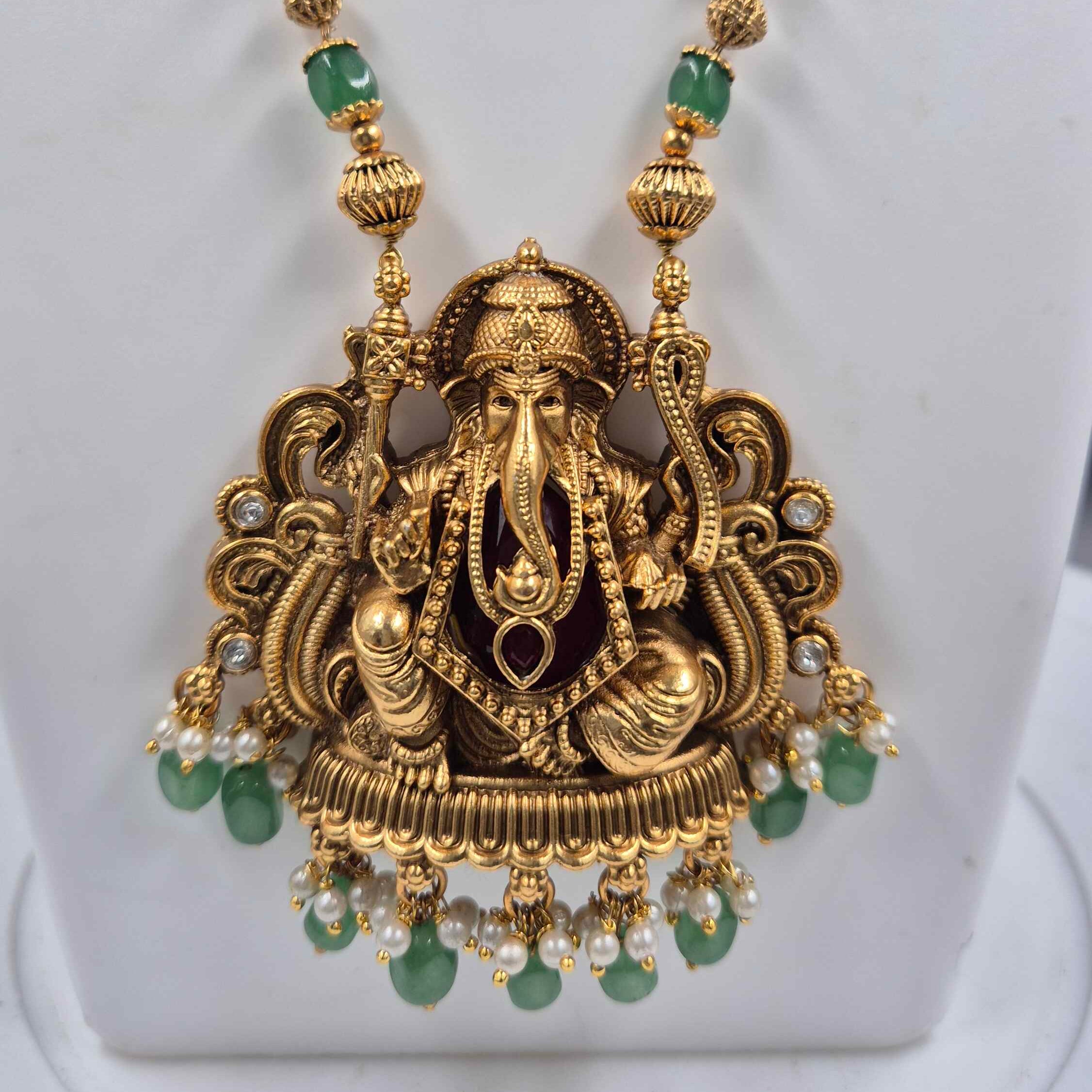 Ganesha Temple Necklace with Green Beads & Matching Jhumka Set