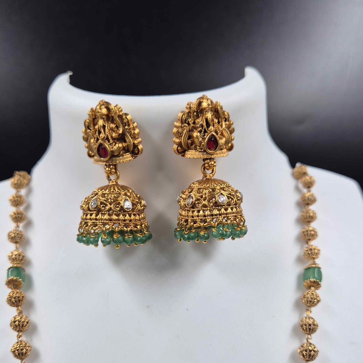 Ganesha Temple Necklace with Green Beads & Matching Jhumka Set