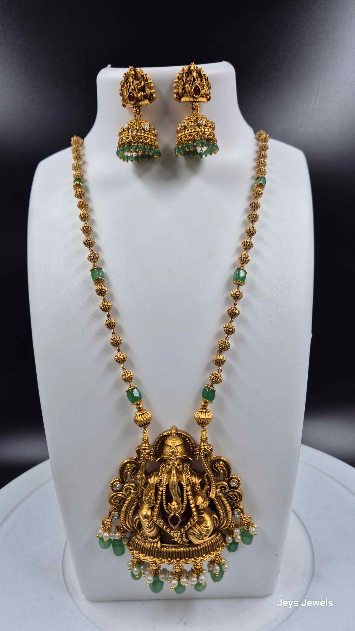 Ganesha Temple Necklace with Green Beads & Matching Jhumka Set