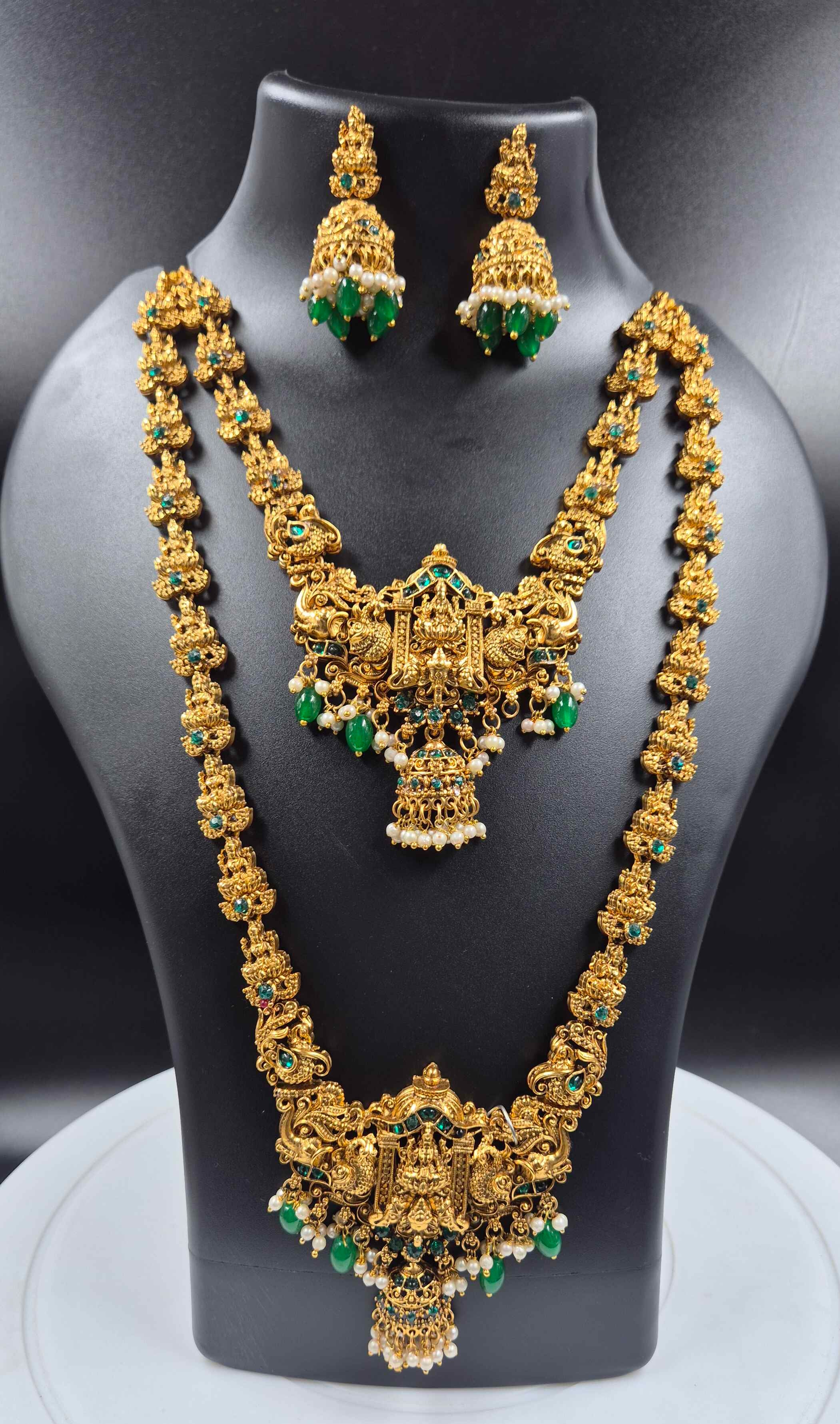 Temple Jewellery Combo Set with Green Stones & Jhumkas
