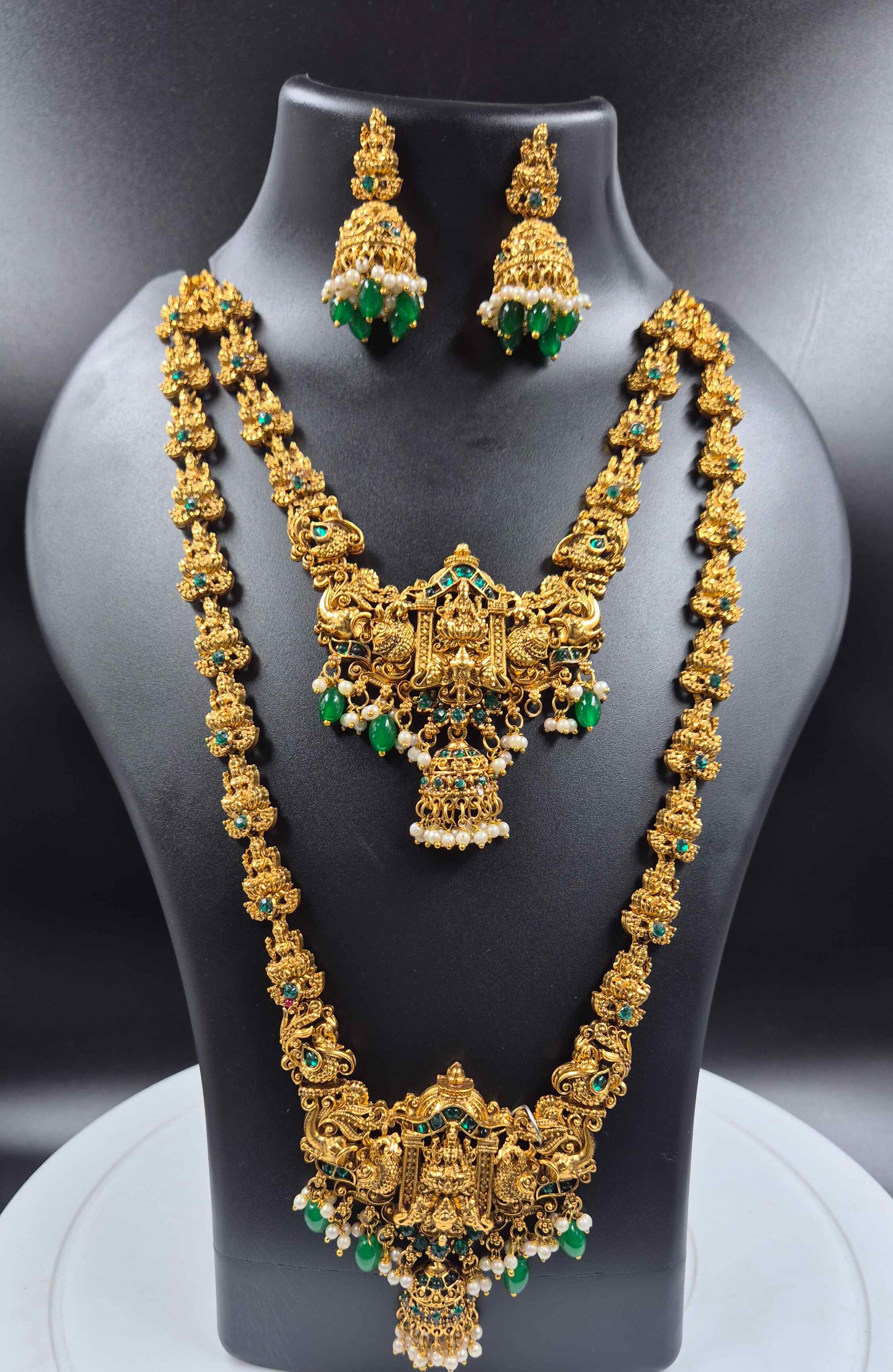 Temple Jewellery Combo Set with Green Stones & Jhumkas