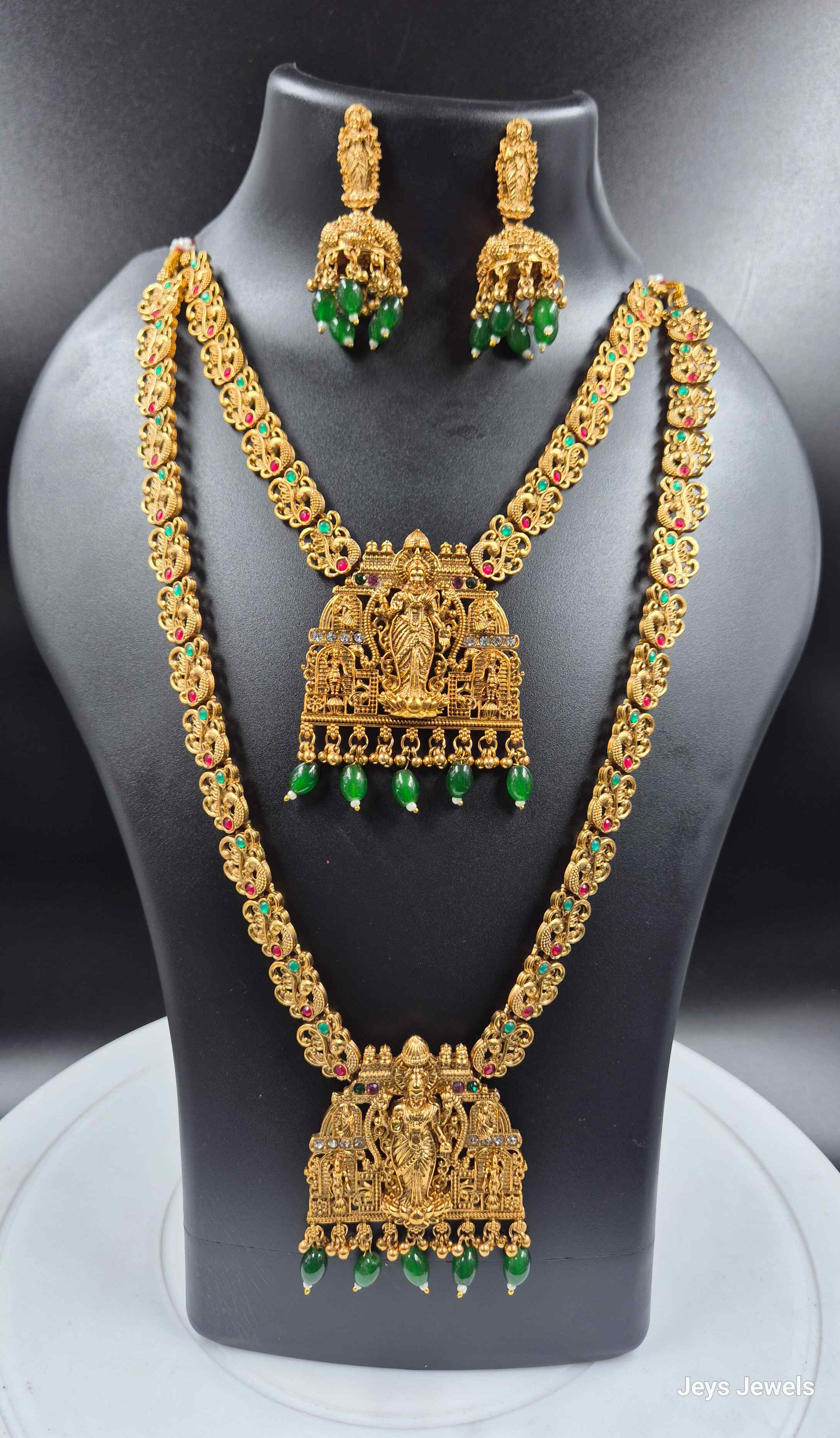 Lakshmi Temple Jewellery Necklace Set with Green Beads & Jhumkas