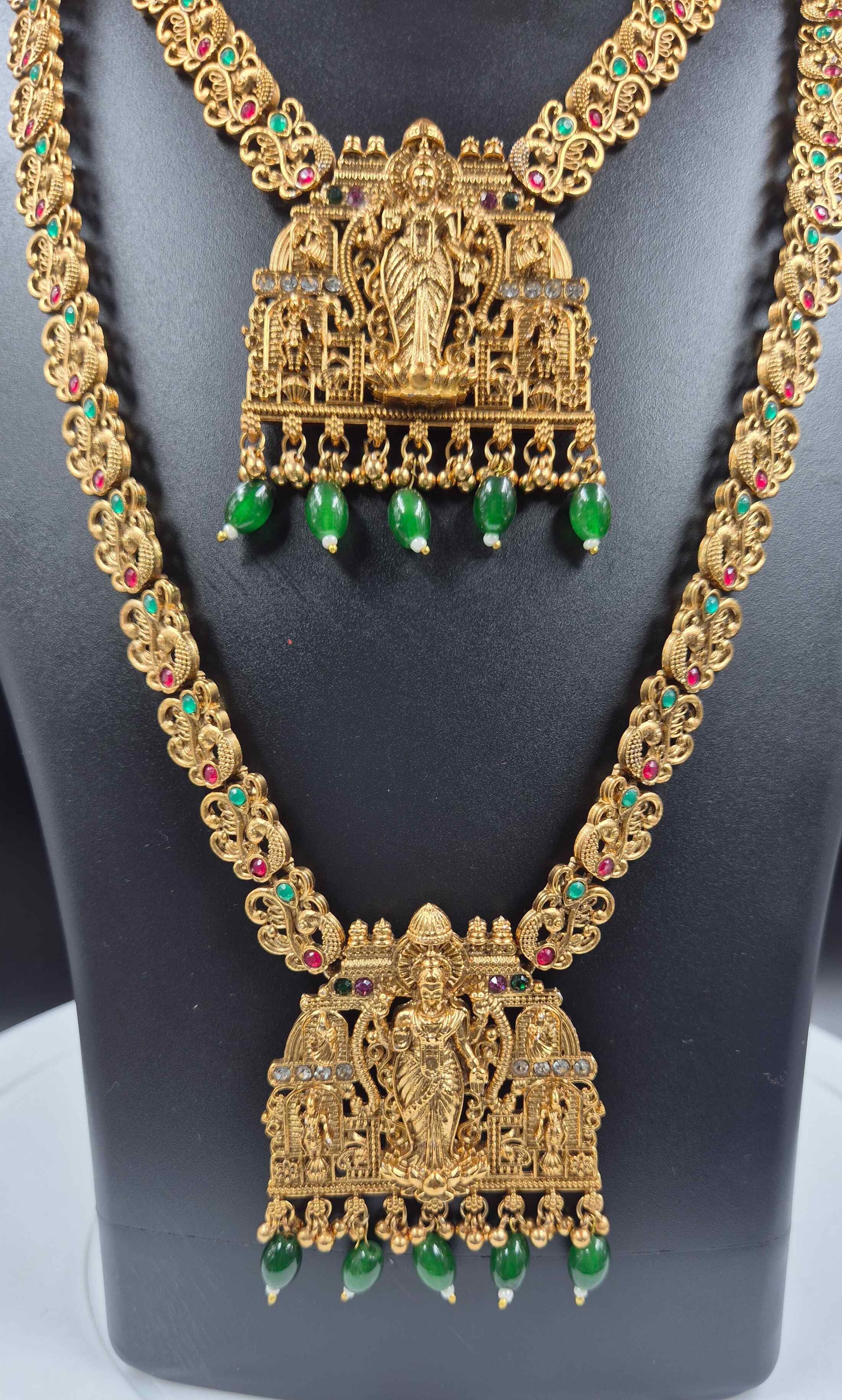Lakshmi Temple Jewellery Necklace Set with Green Beads & Jhumkas
