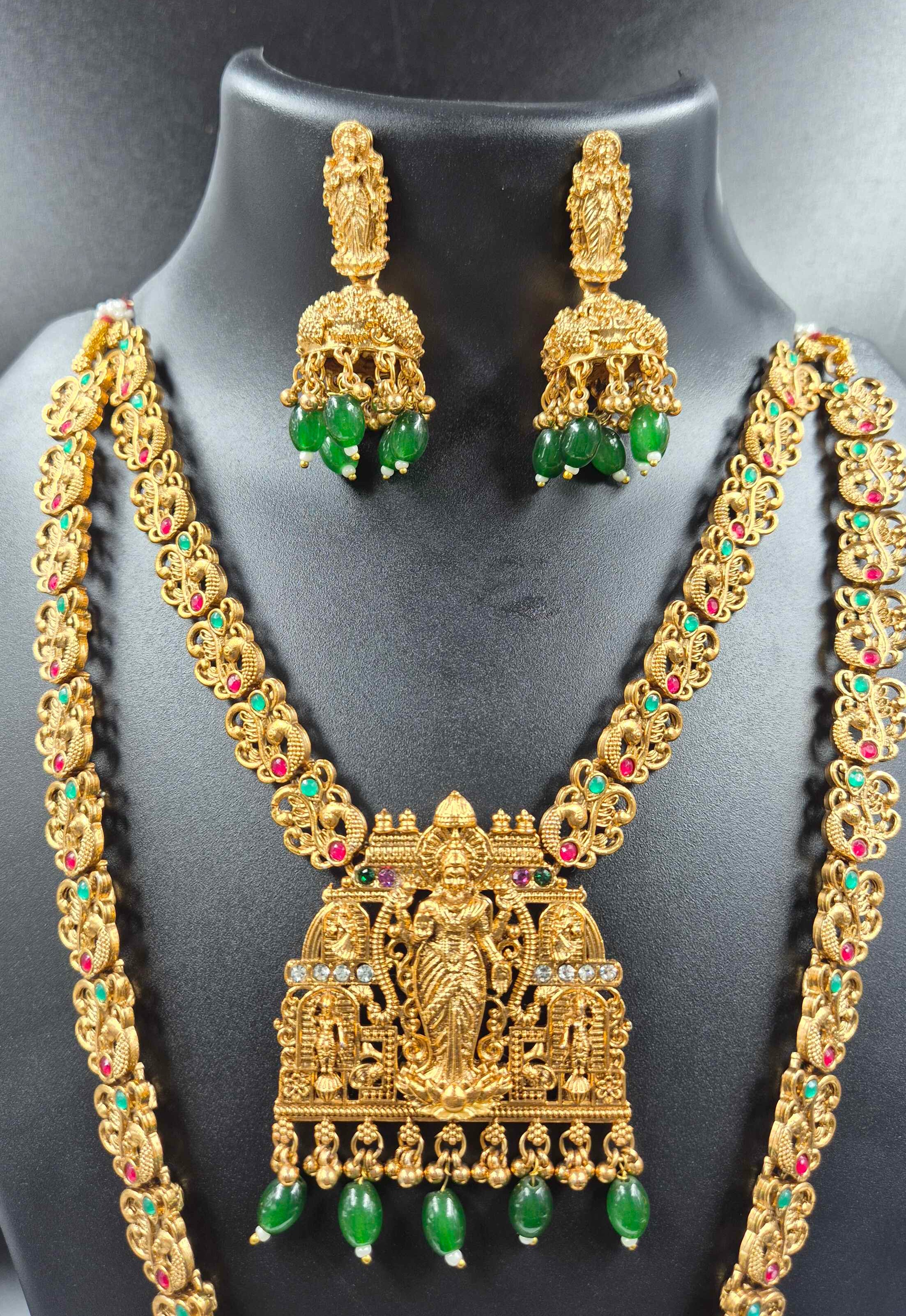 Lakshmi Temple Jewellery Necklace Set with Green Beads & Jhumkas