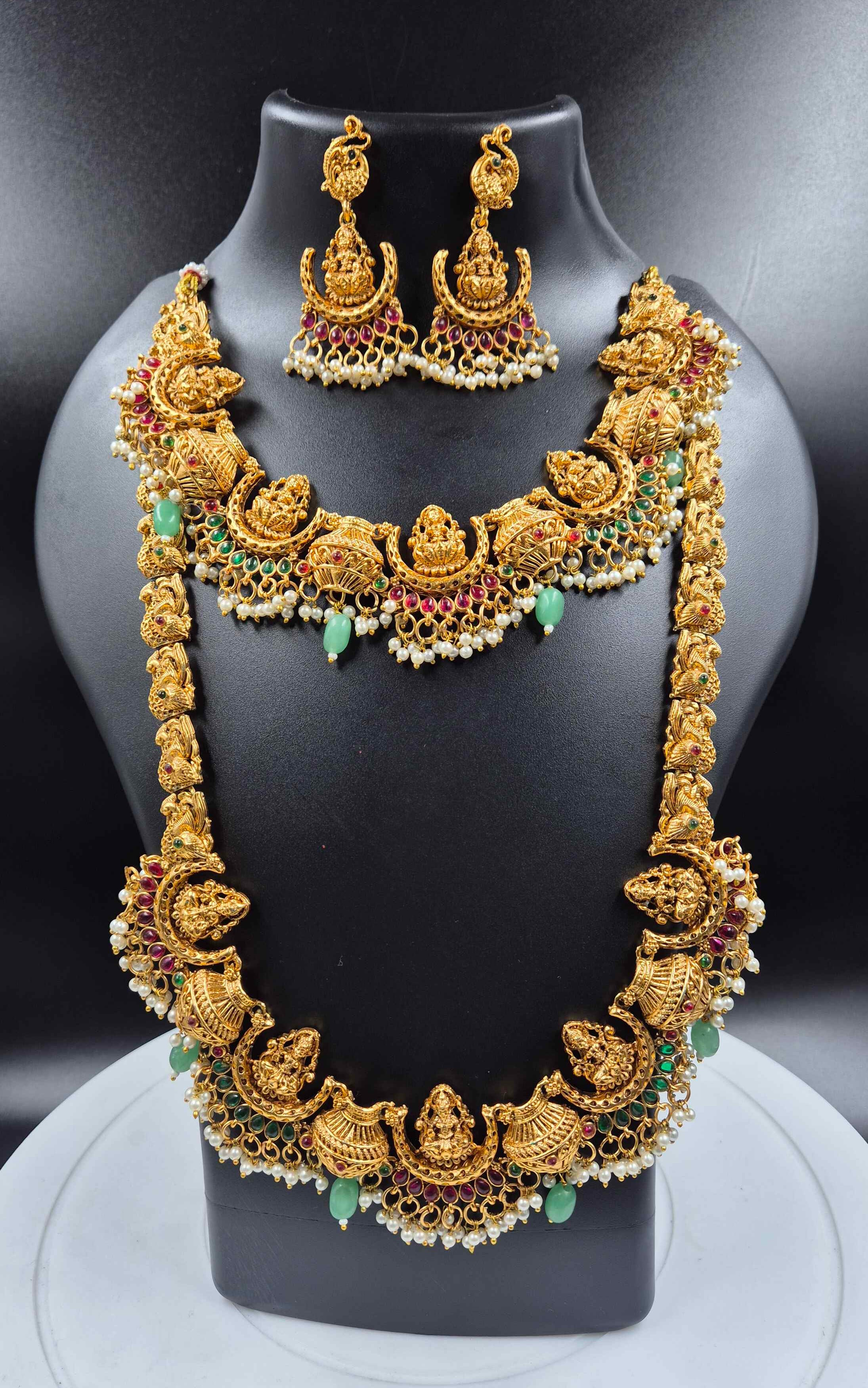 Crescent Moon Temple Necklace Set with Green Stones & Pearls