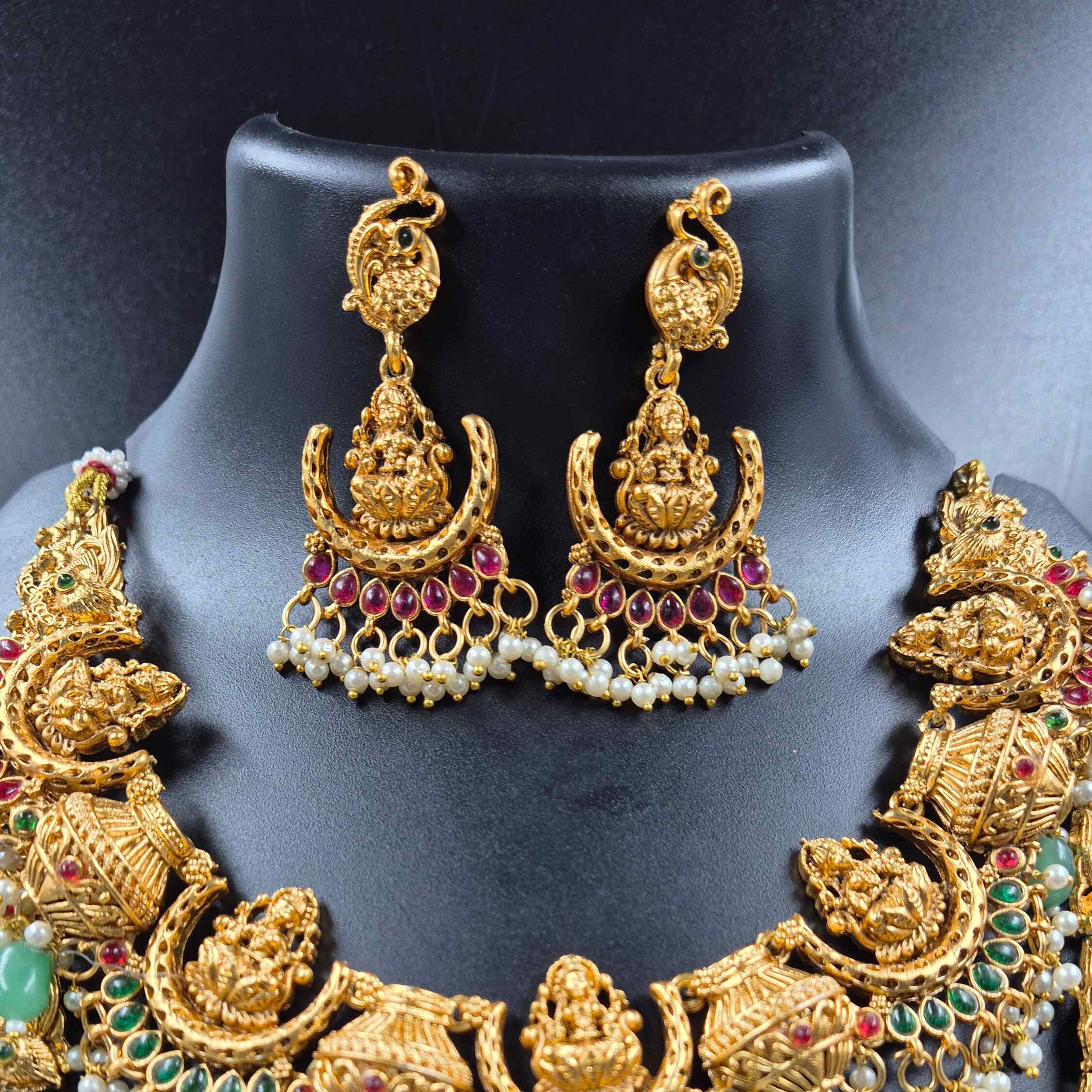 Crescent Moon Temple Necklace Set with Green Stones & Pearls