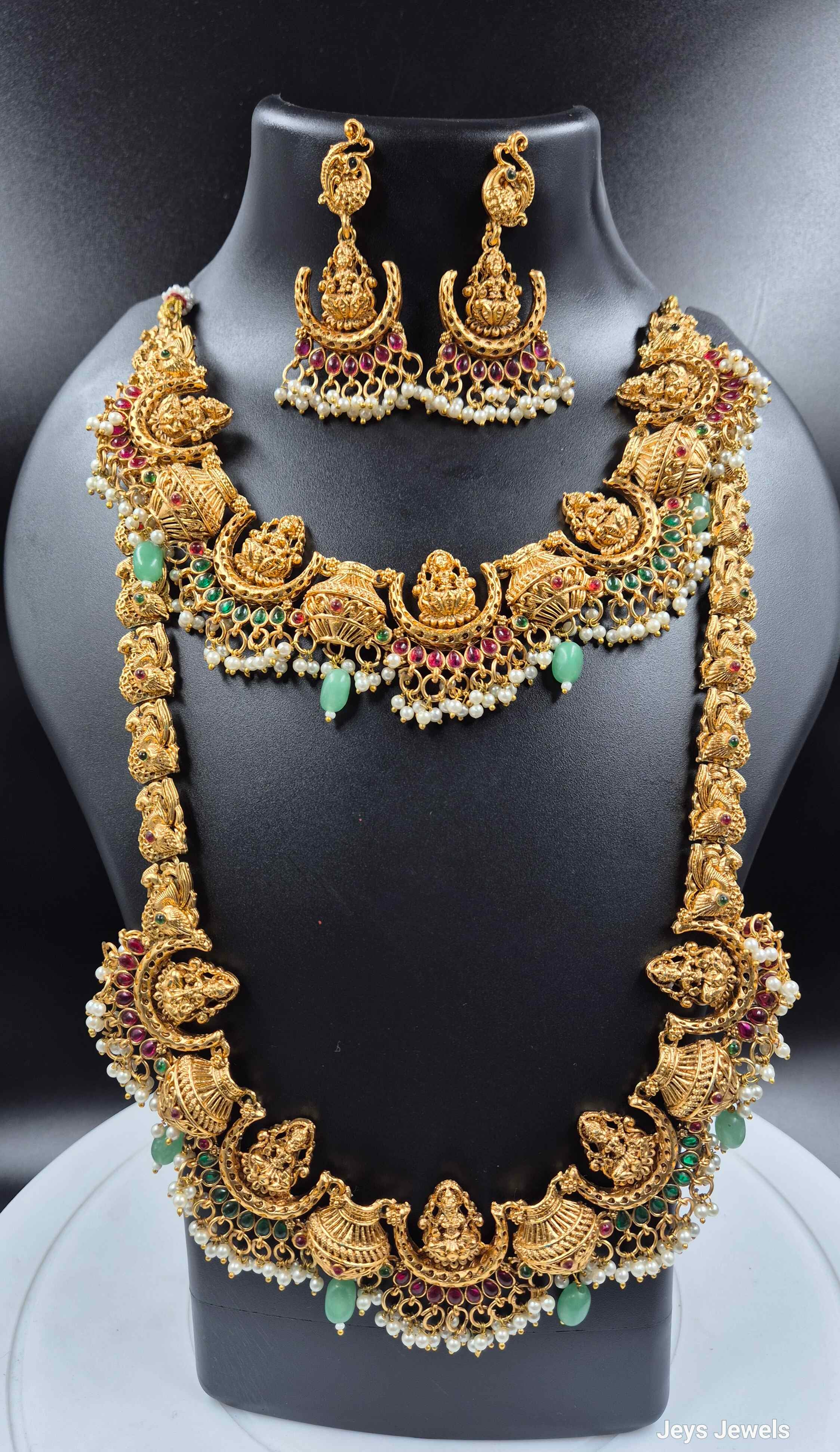 Crescent Moon Temple Necklace Set with Green Stones & Pearls