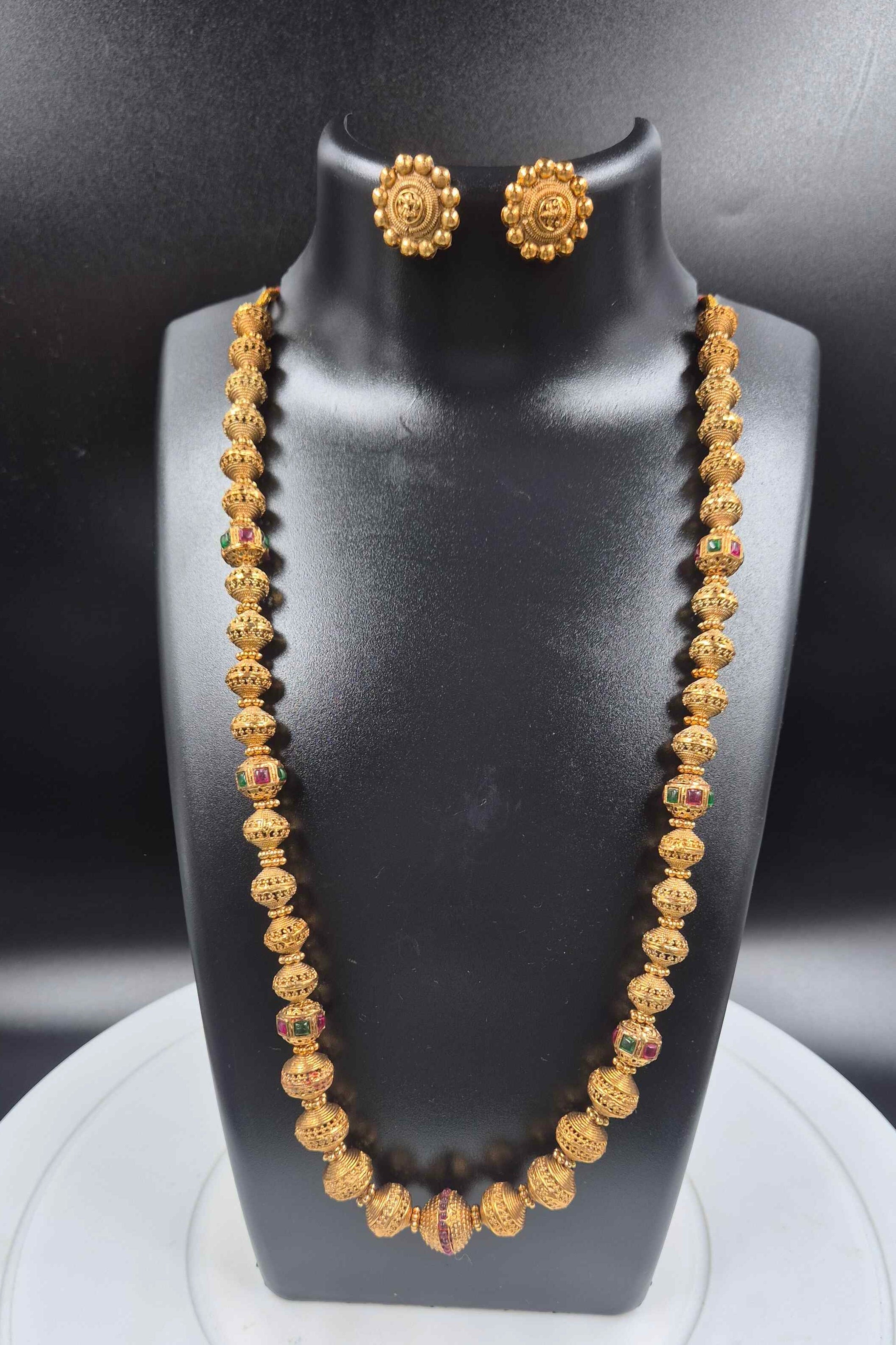Traditional Gold Ball Haram with Ruby & Green Stone Accents | South Indian Jewellery