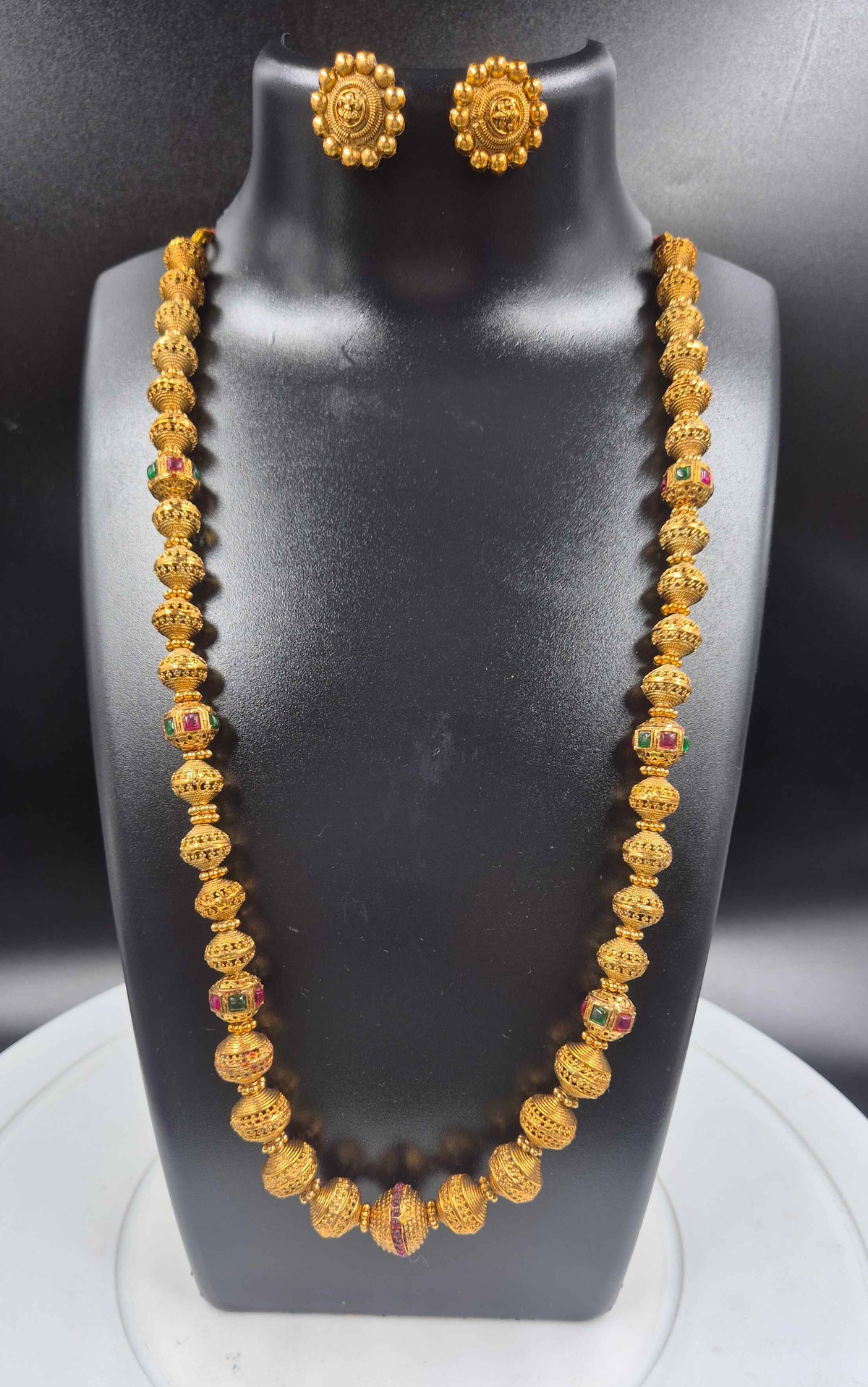 Traditional Gold Ball Haram with Ruby & Green Stone Accents | South Indian Jewellery