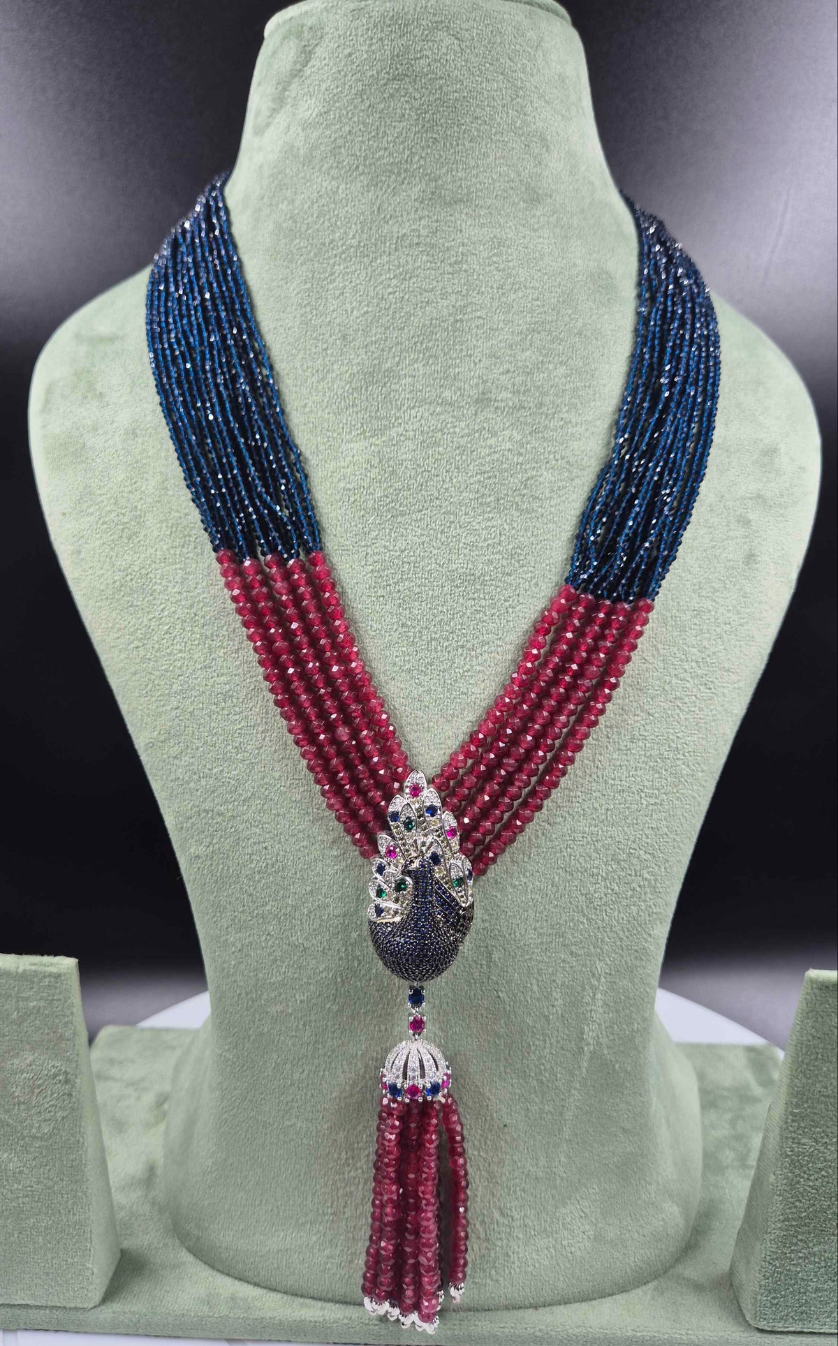 Blue & Ruby Beaded Peacock Necklace | Designer Long Haram