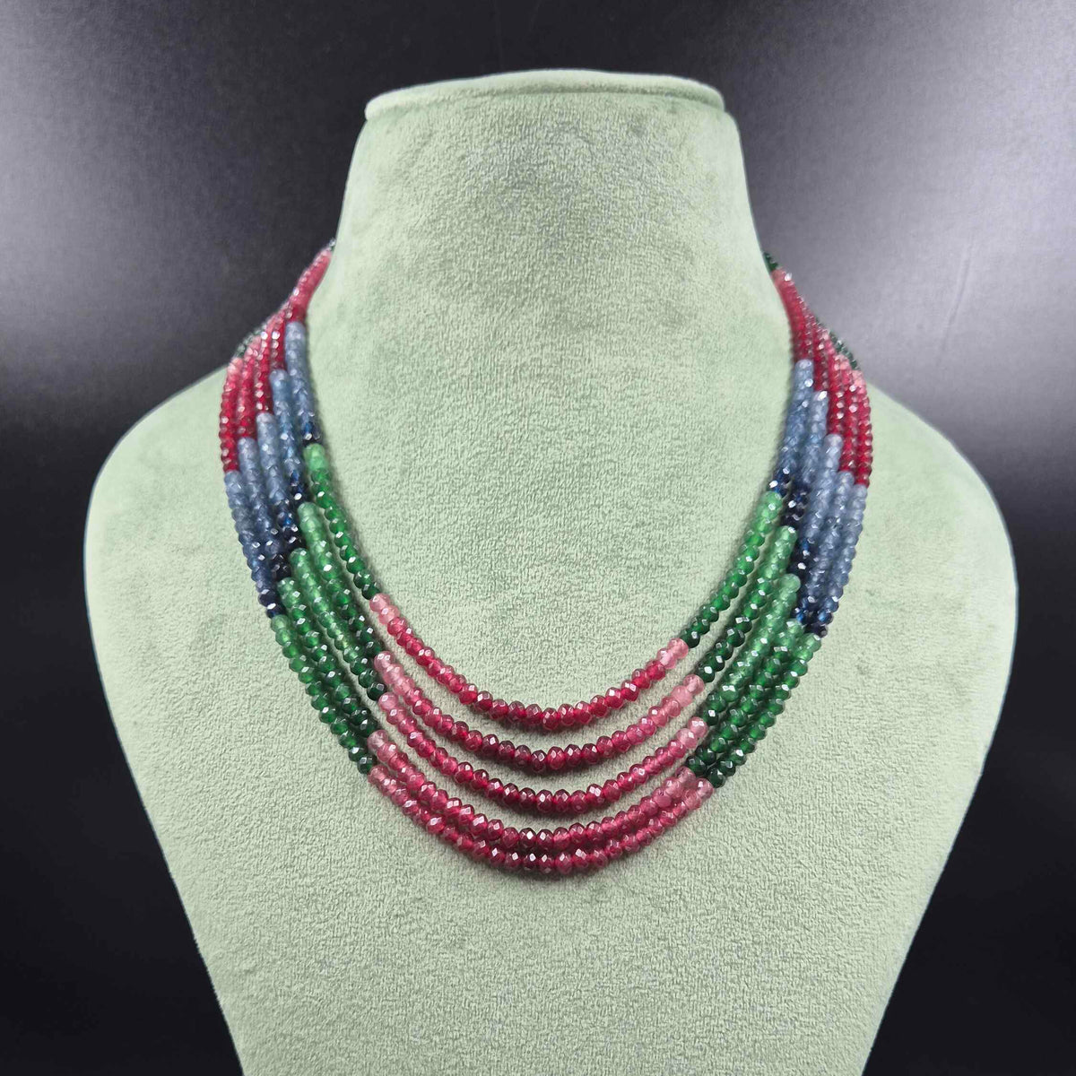 Multicolor Beaded Layered Necklace – Ruby, Green & Blue Stone Jewellery