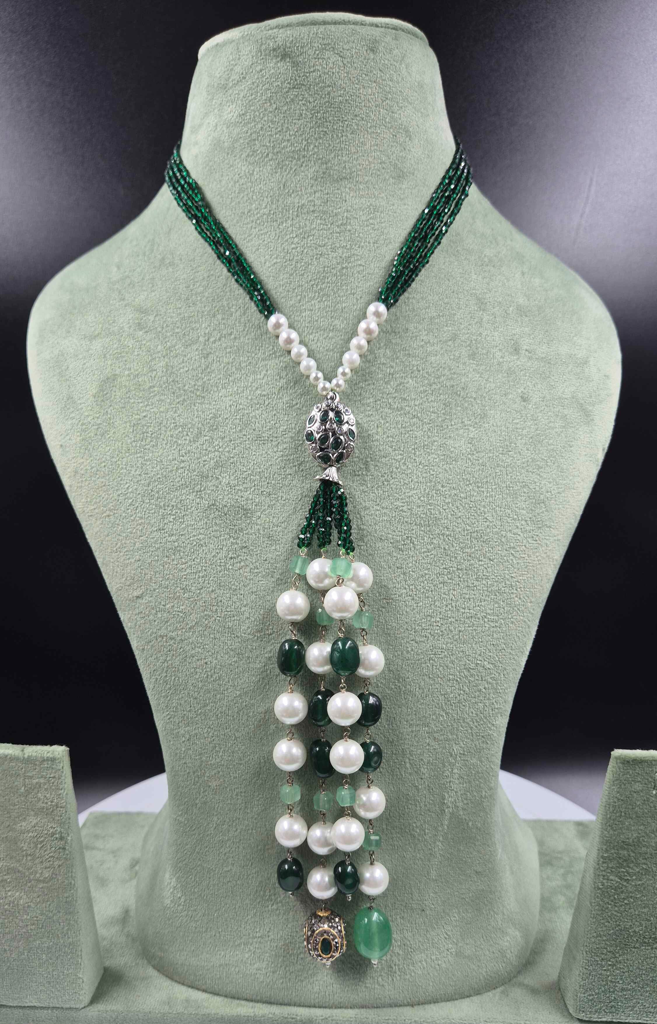 Green Emerald & Pearl Beaded Long Necklace with Statement Pendant