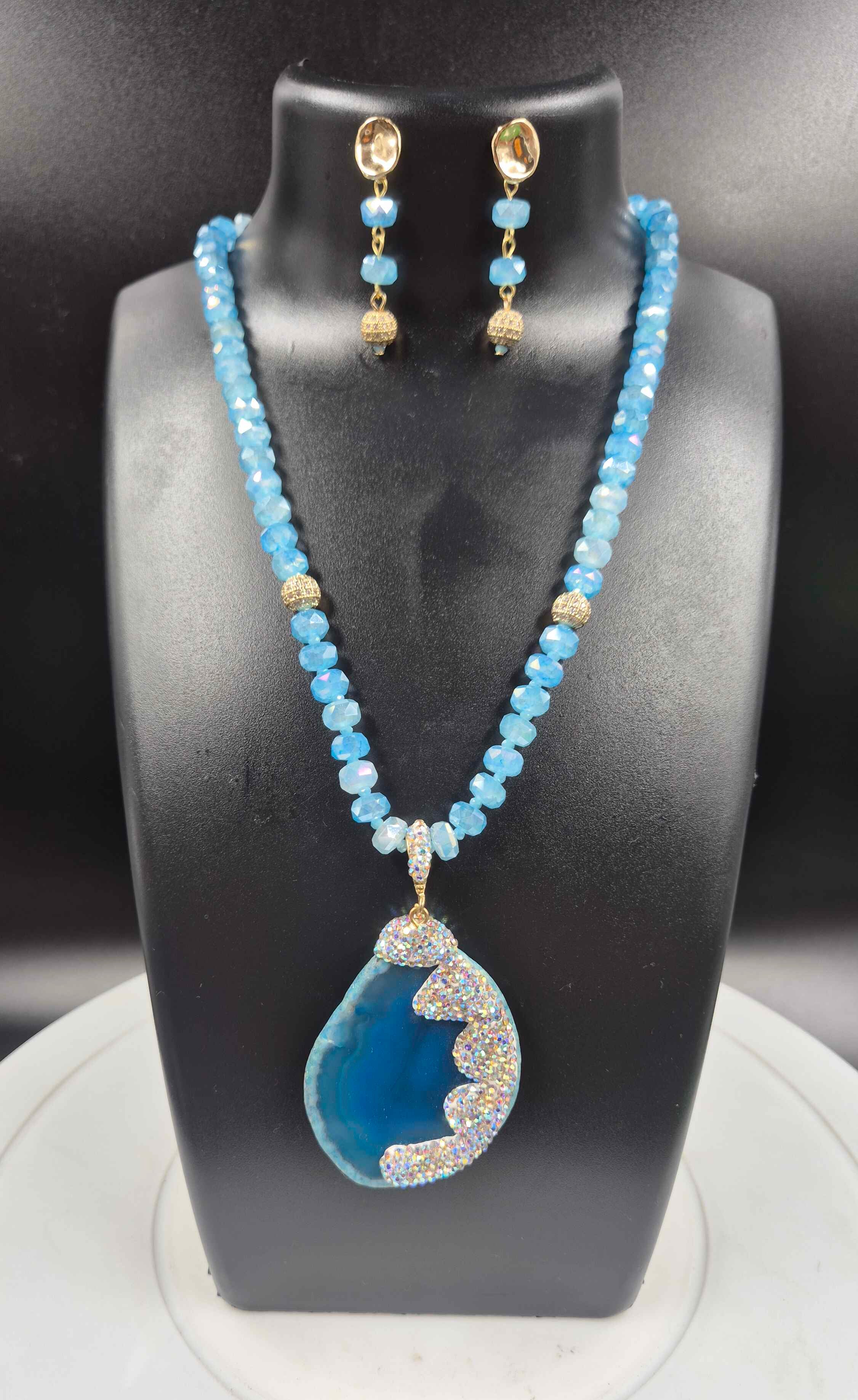 Blue Crystal Beaded Necklace Set with Statement Pendant & Earrings | Jeys Jewels