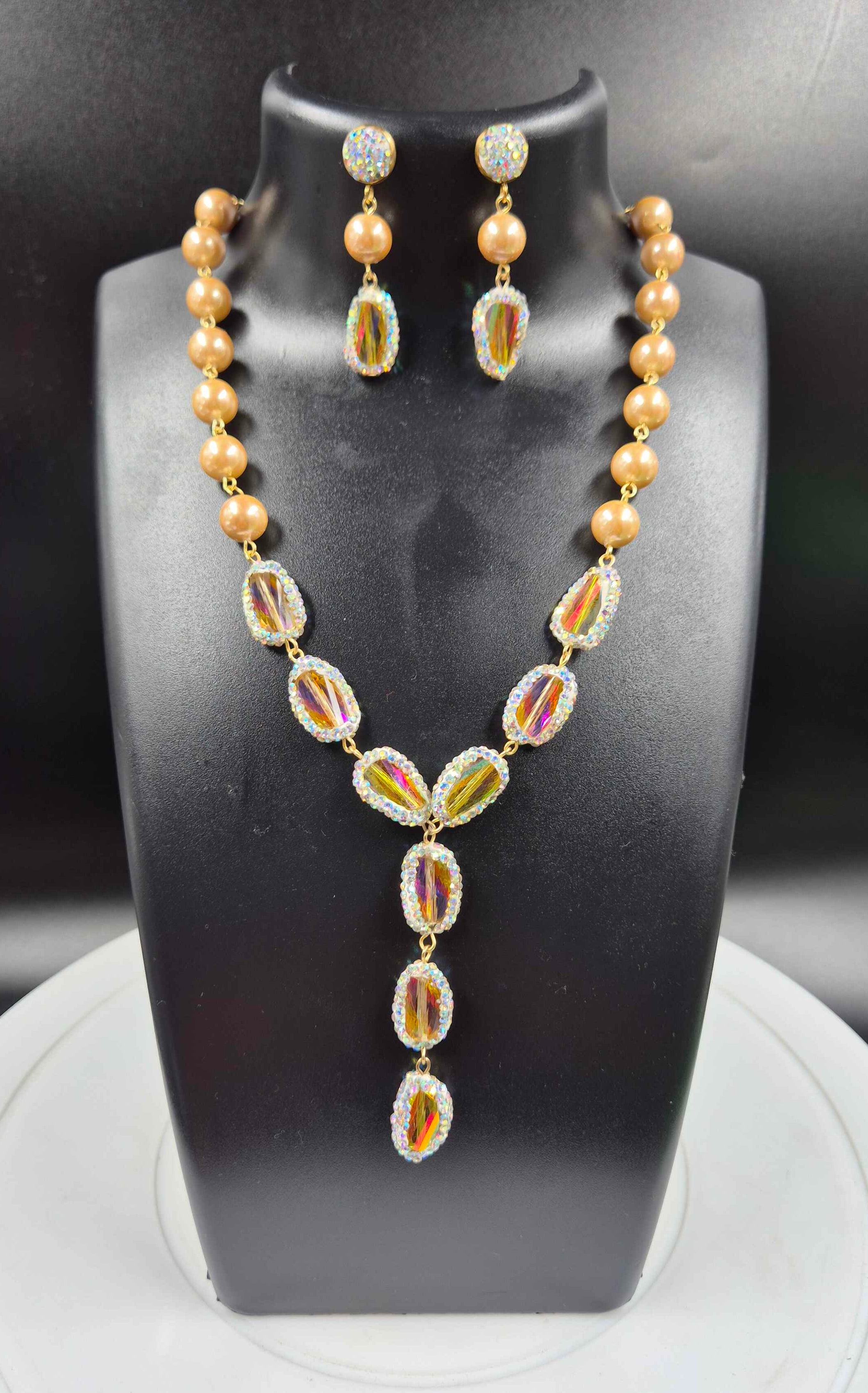 Golden Pearl & Crystal Necklace Set with Drop Earrings | Jeys Jewels